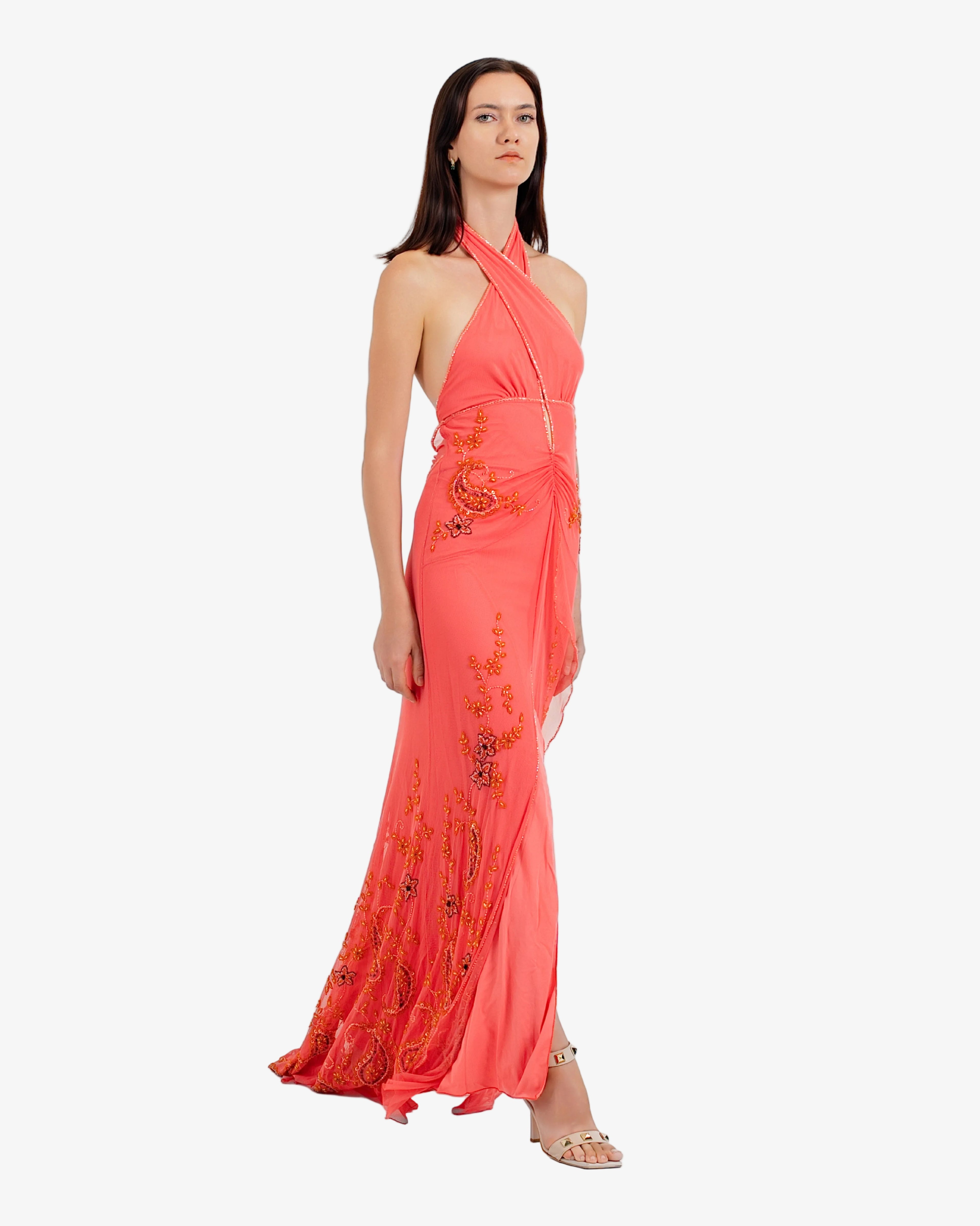 Riviera Beaded Halter Maxi Dress – Coral
