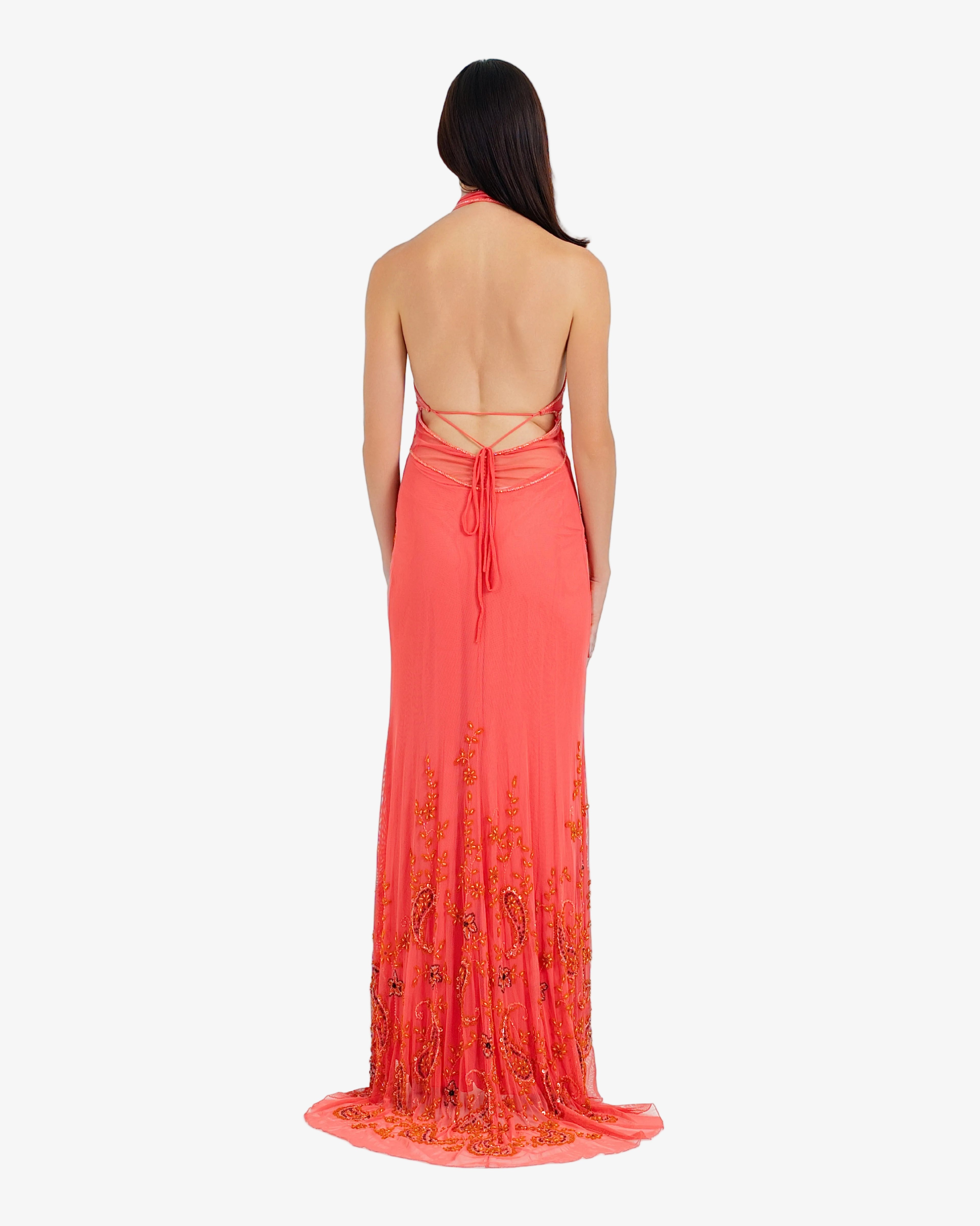 Riviera Beaded Halter Maxi Dress – Coral