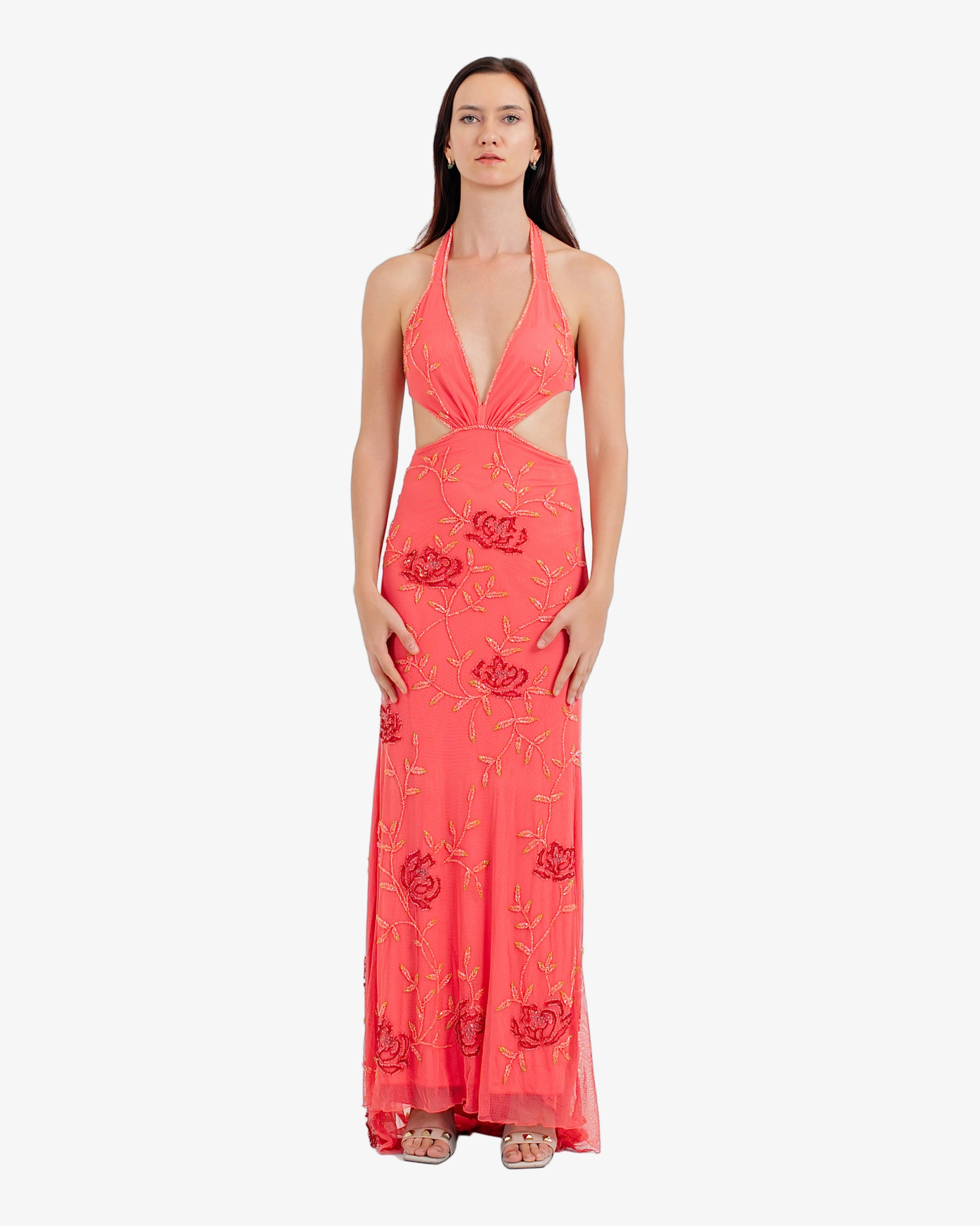Raven Sequin Cutout Maxi Dress – Coral