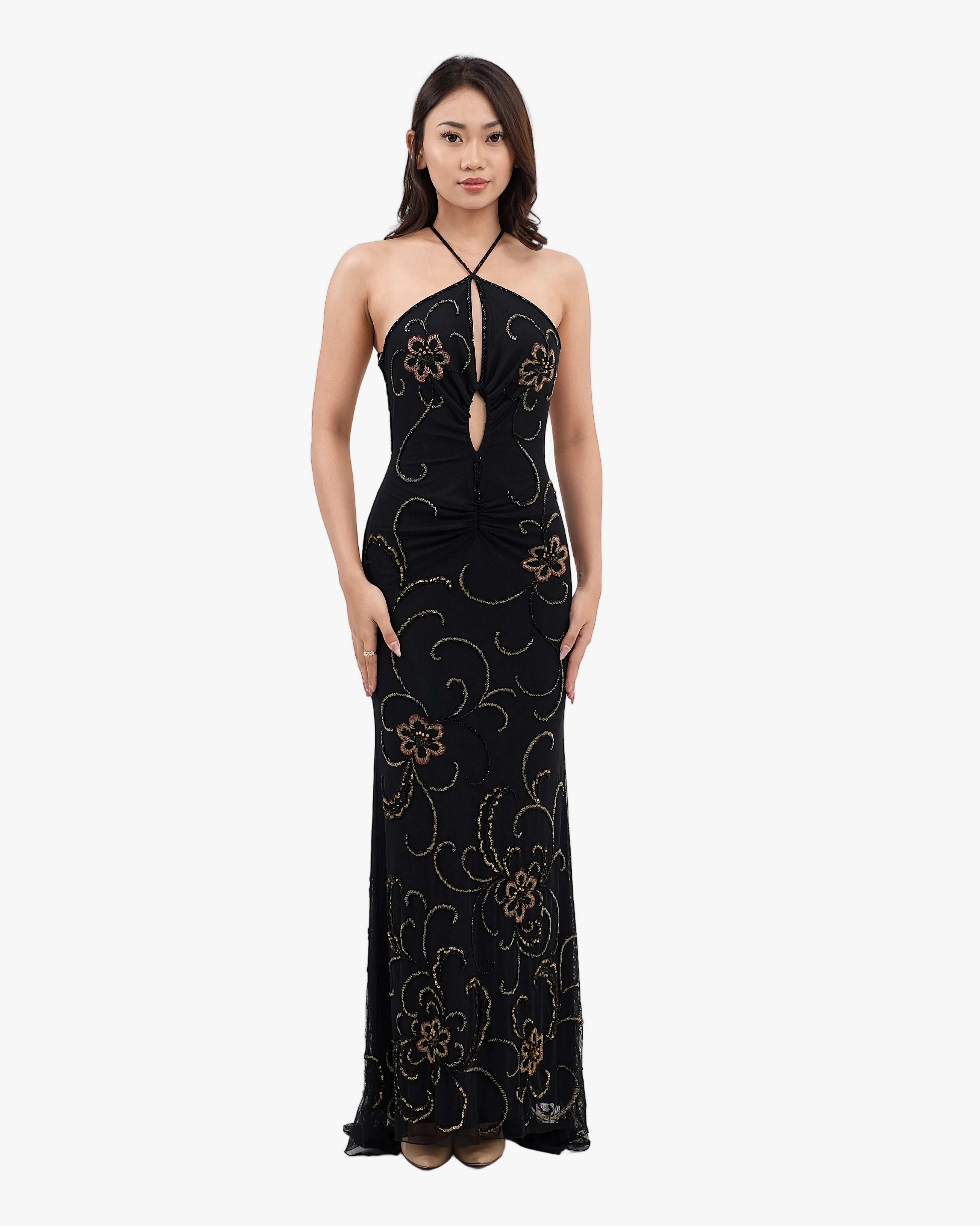Clover Ruched Halter Beaded Maxi Dress – Black