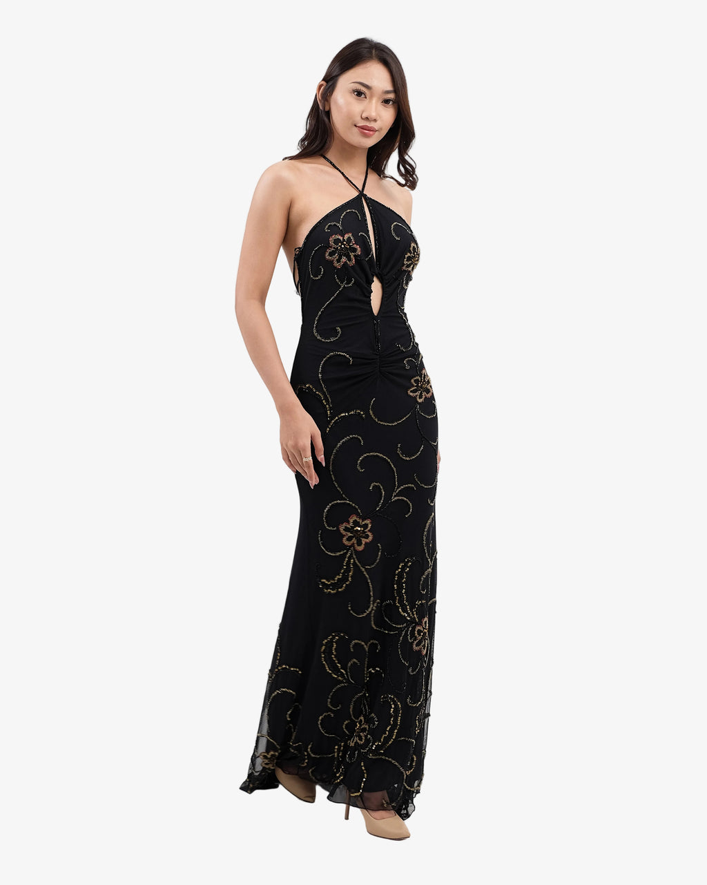 Clover Ruched Halter Beaded Maxi Dress – Black