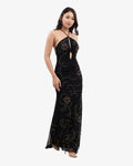 Clover Ruched Halter Beaded Maxi Dress – Black