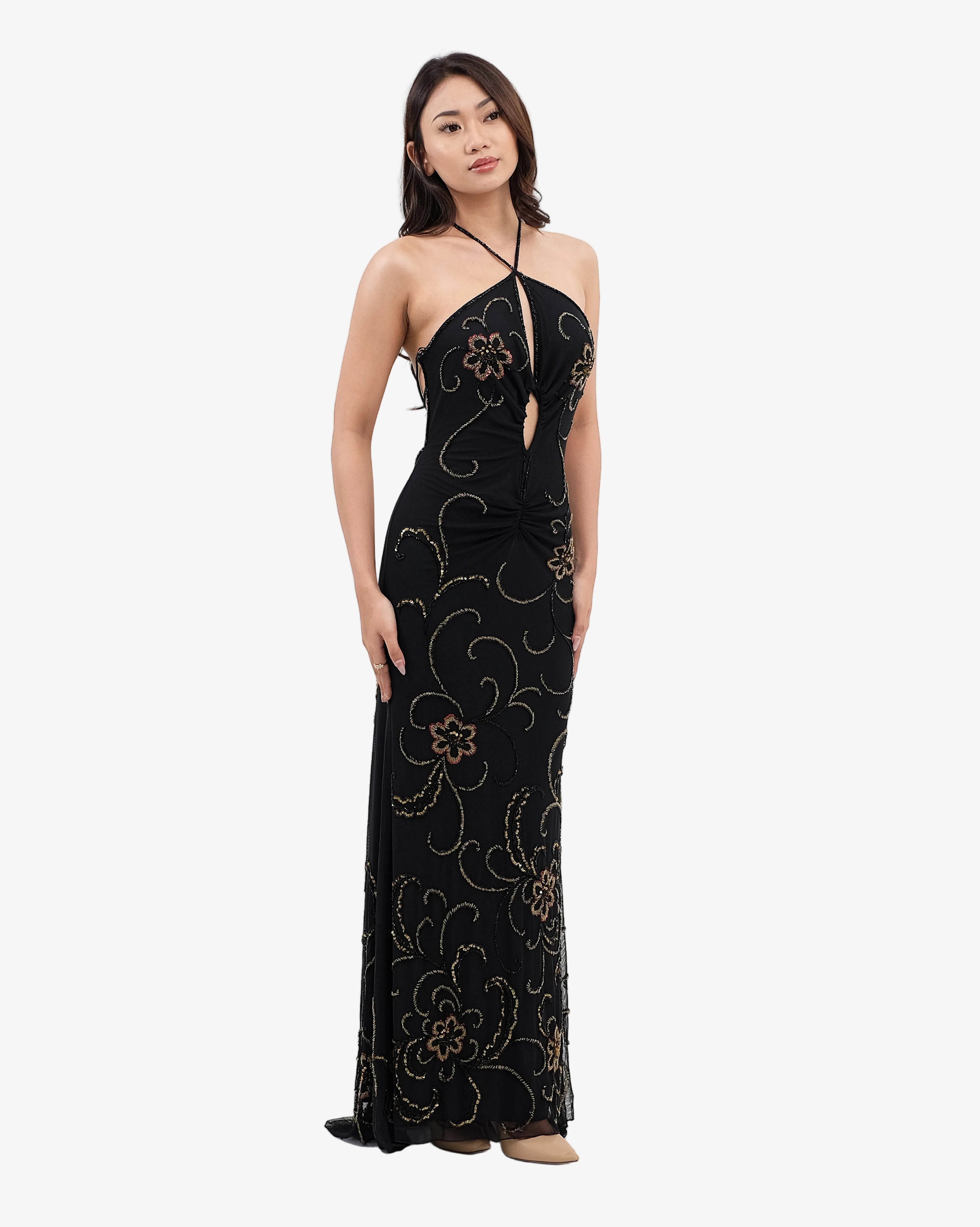 Clover Ruched Halter Beaded Maxi Dress – Black