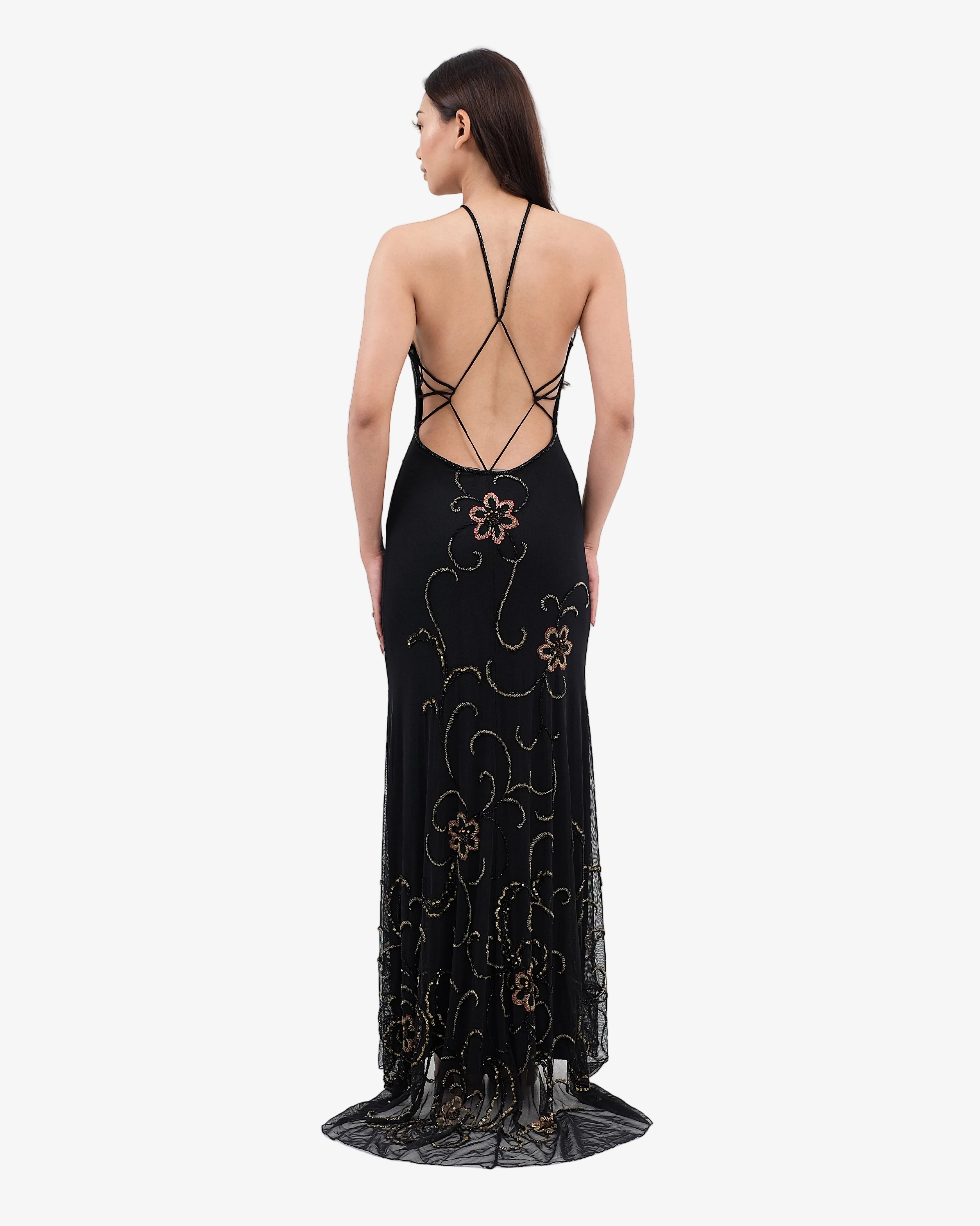 Clover Ruched Halter Beaded Maxi Dress – Black