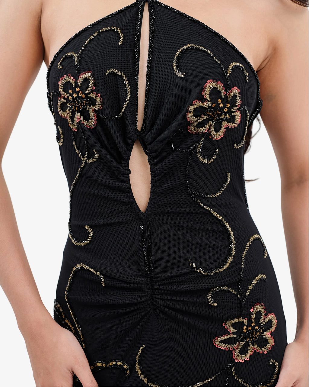 Clover Ruched Halter Beaded Maxi Dress – Black