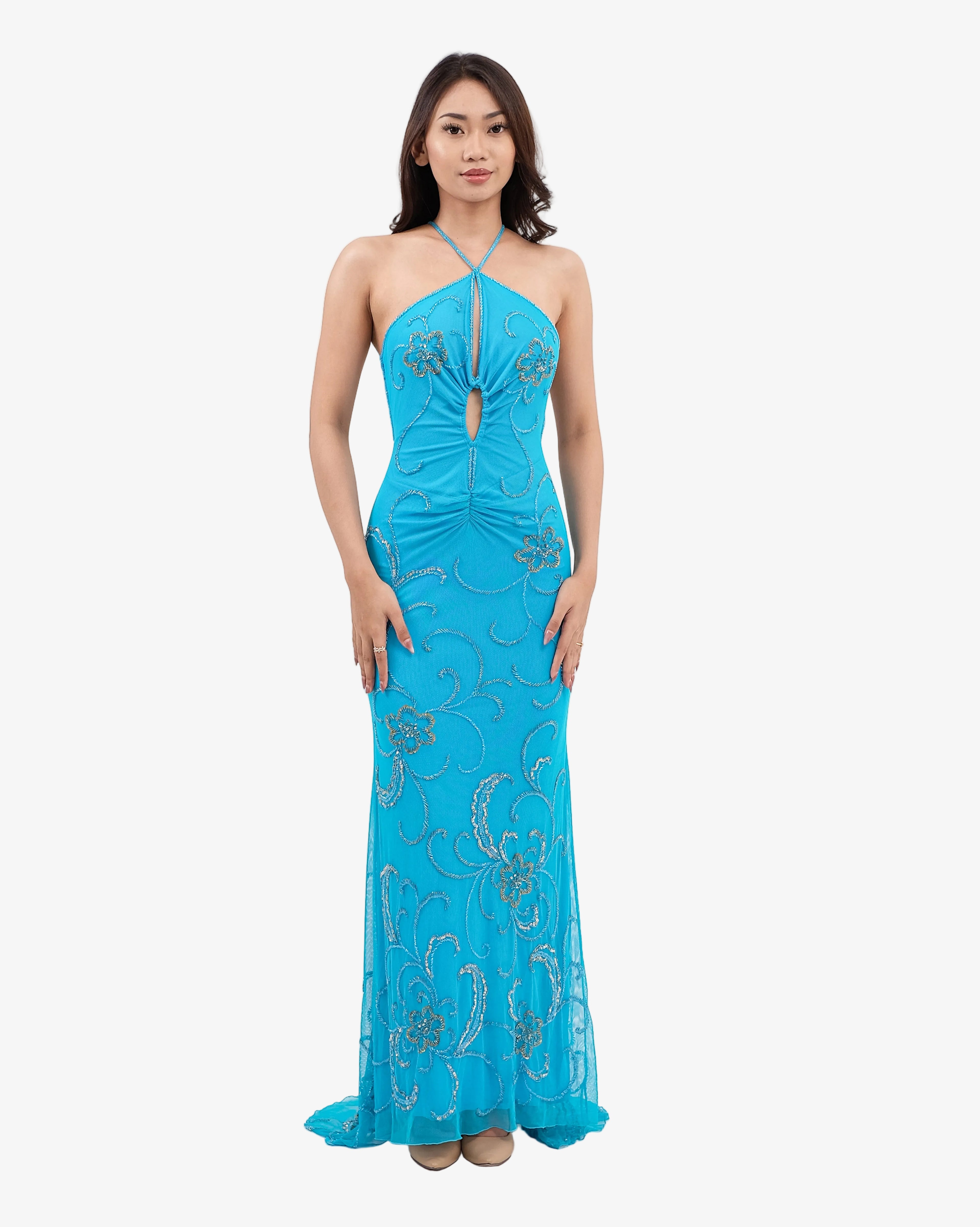 Clover Ruched Halter Beaded Maxi Dress – Turquoise