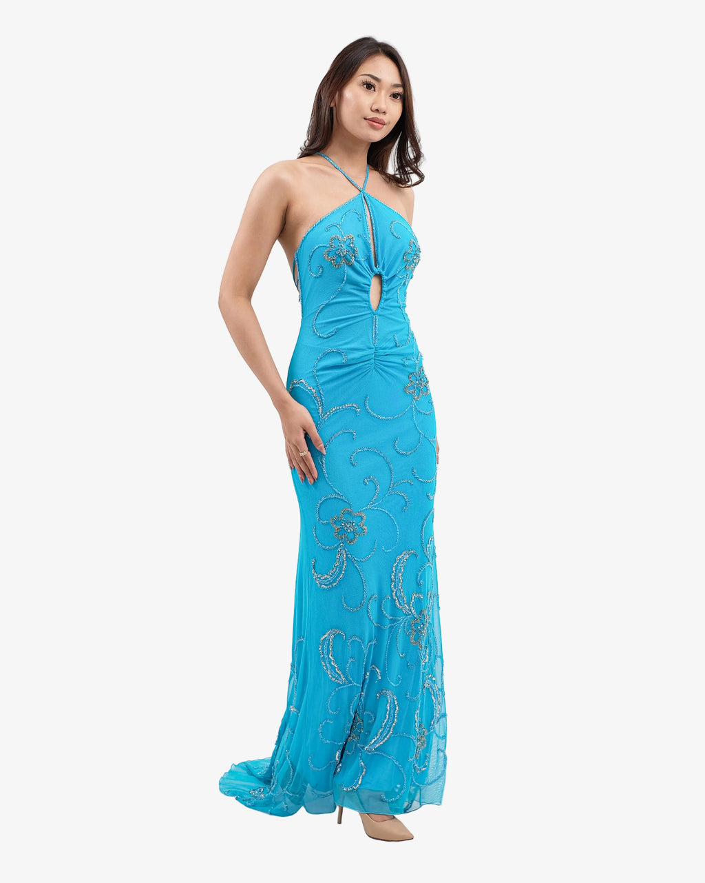 Clover Ruched Halter Beaded Maxi Dress – Turquoise