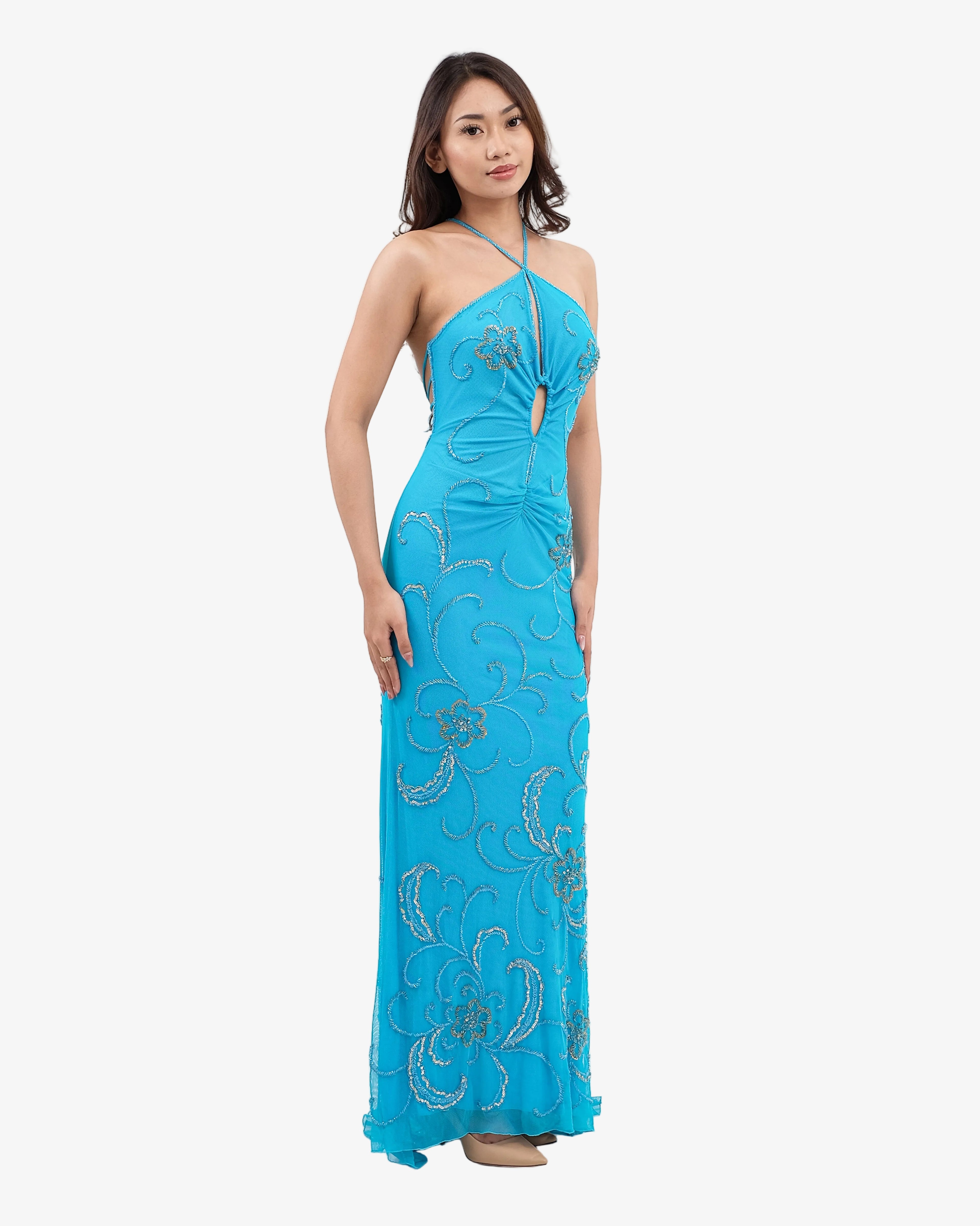 Clover Ruched Halter Beaded Maxi Dress – Turquoise
