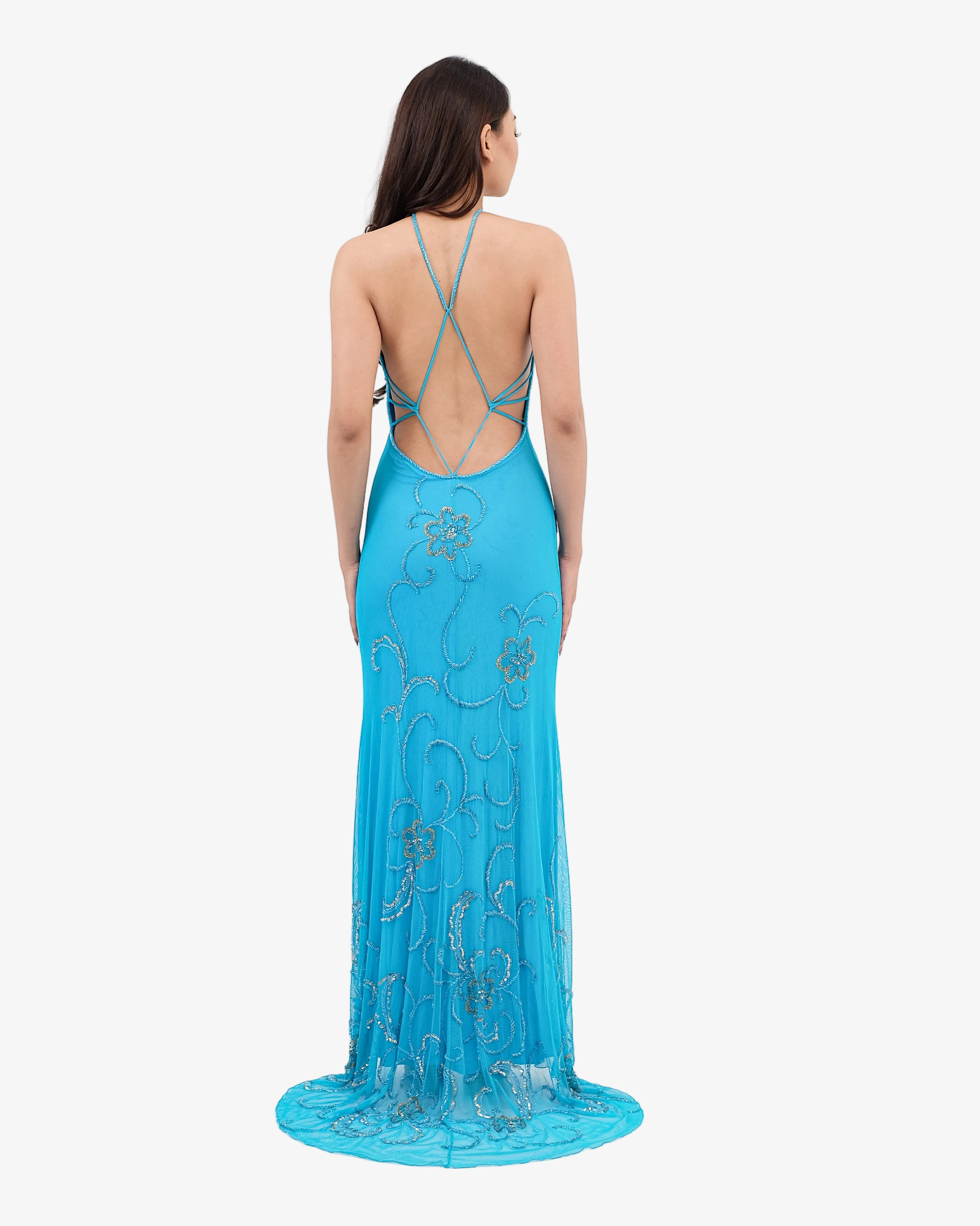 Clover Ruched Halter Beaded Maxi Dress – Turquoise