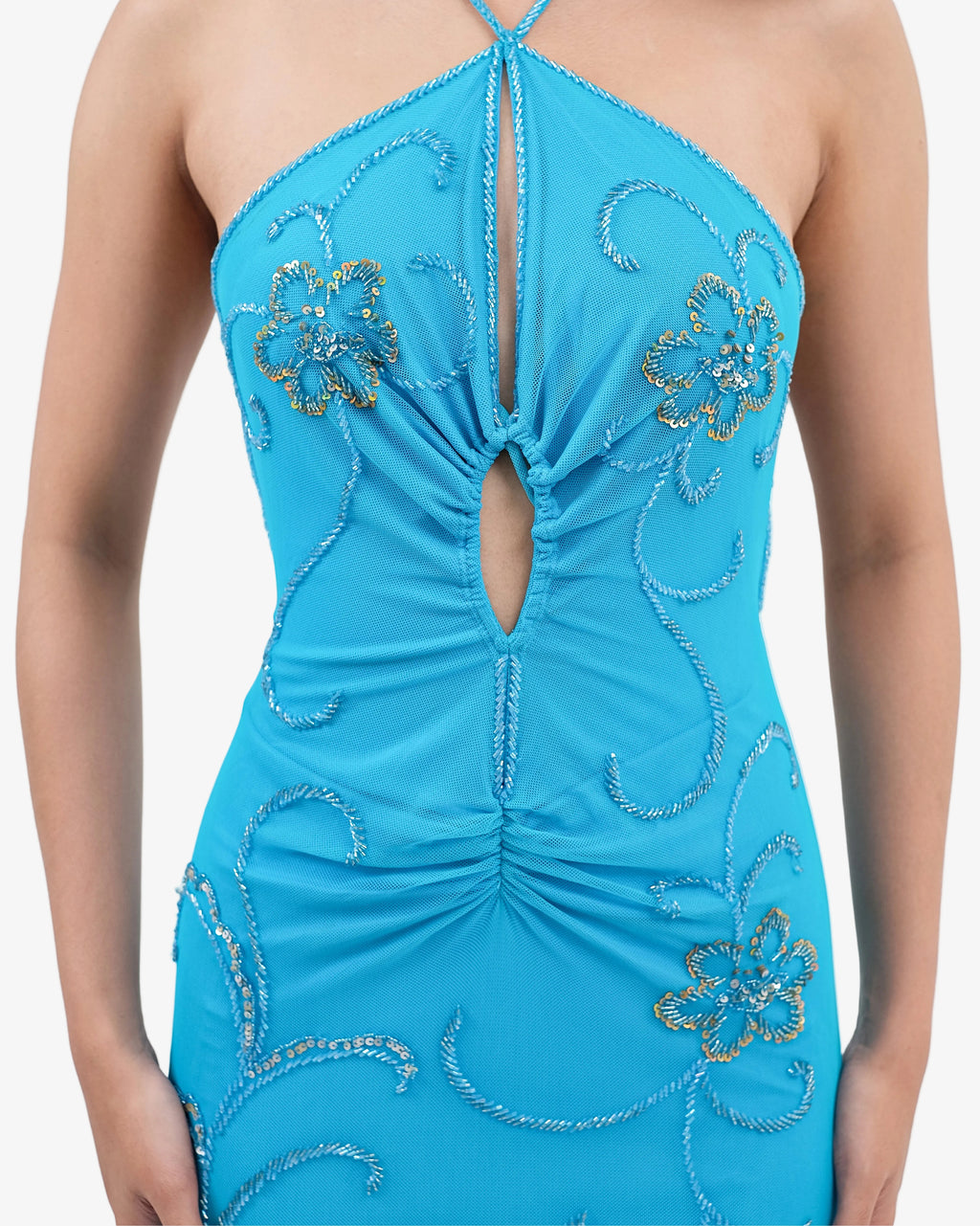 Clover Ruched Halter Beaded Maxi Dress – Turquoise