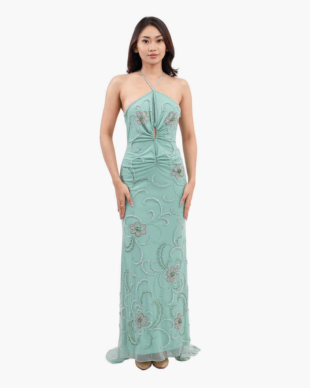 Clover Ruched Halter Beaded Maxi Dress – Water Green