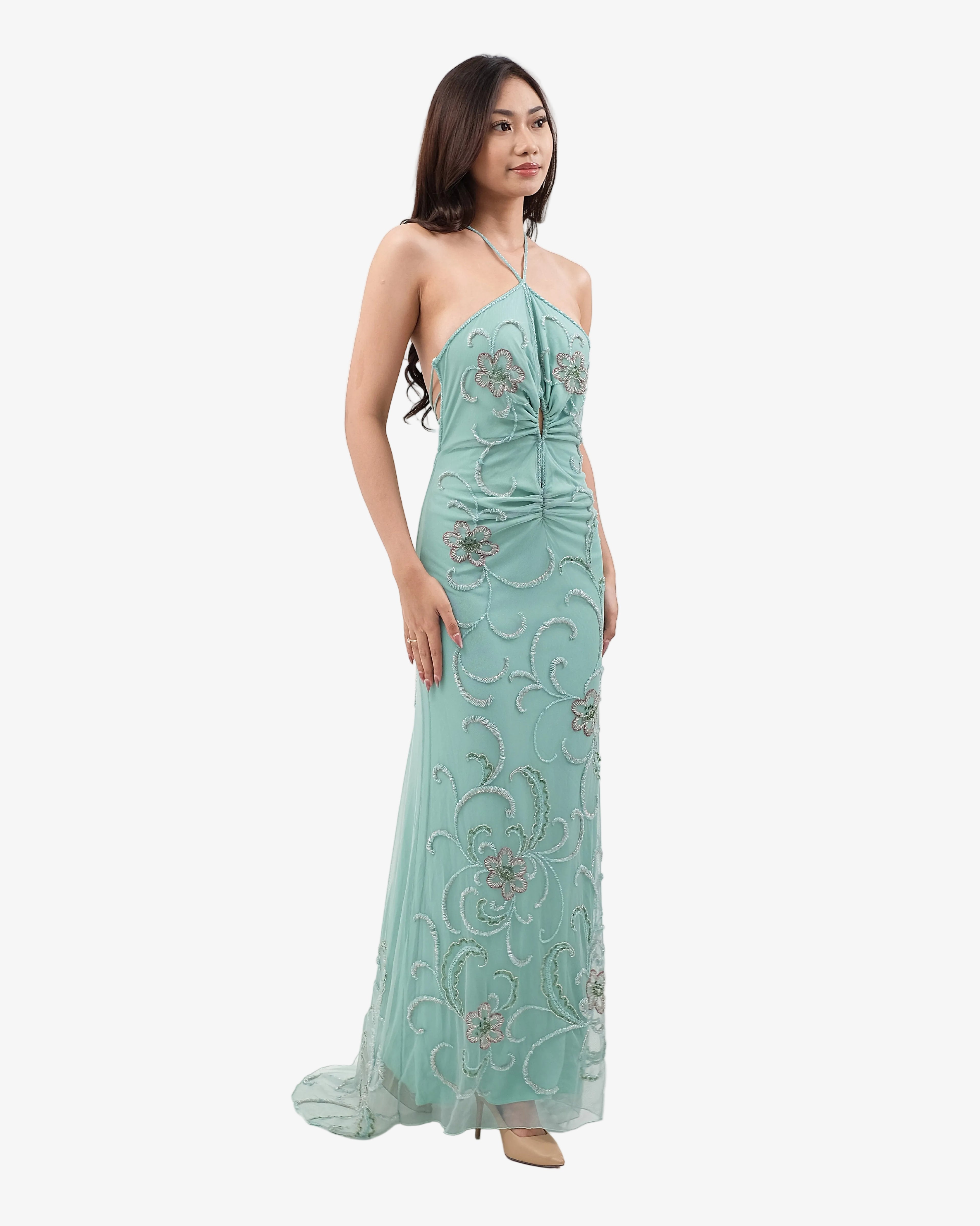 Clover Ruched Halter Beaded Maxi Dress – Water Green