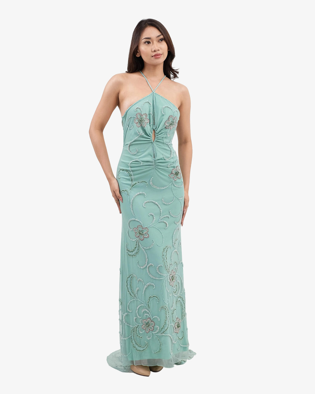 Clover Ruched Halter Beaded Maxi Dress – Water Green