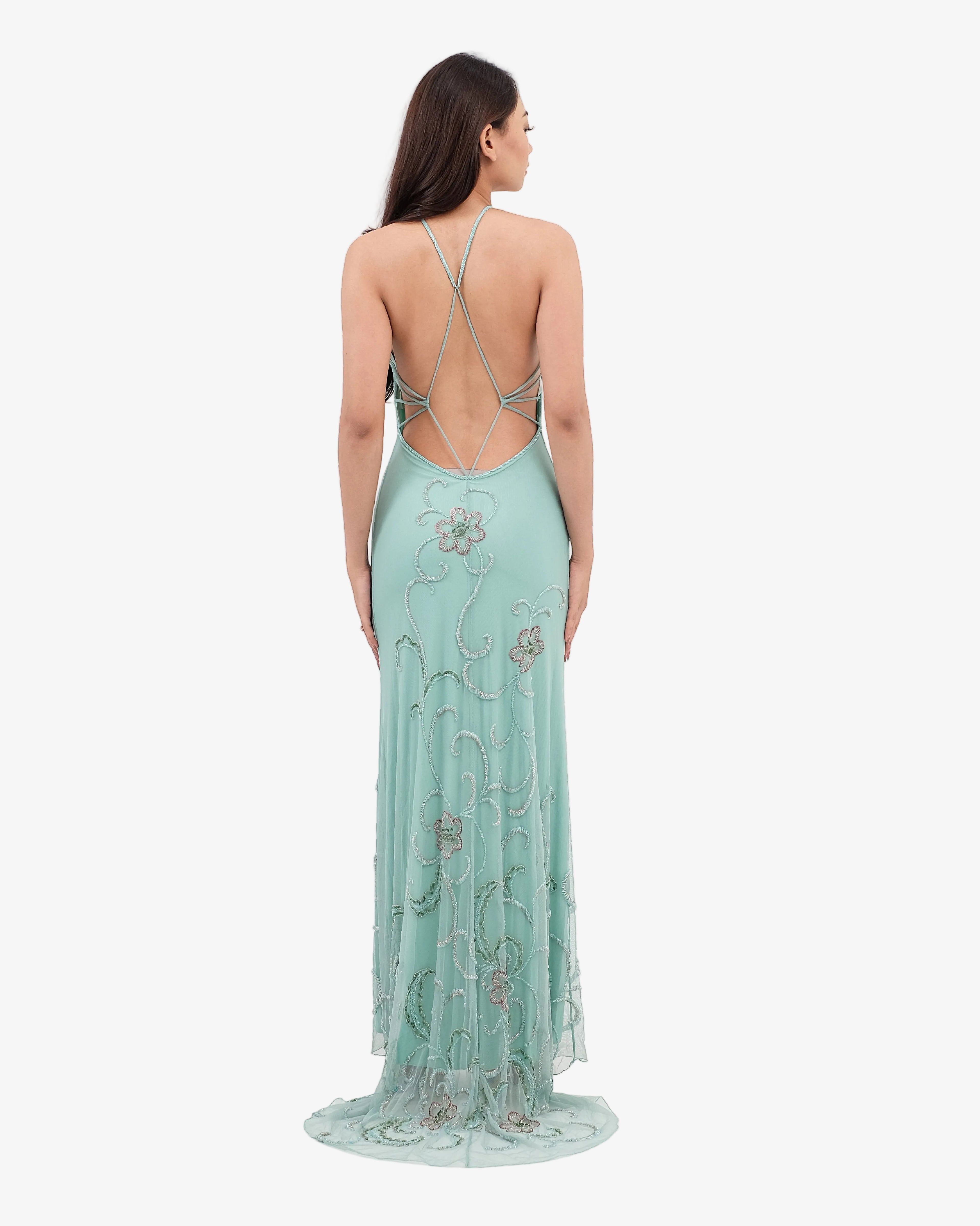 Clover Ruched Halter Beaded Maxi Dress – Water Green