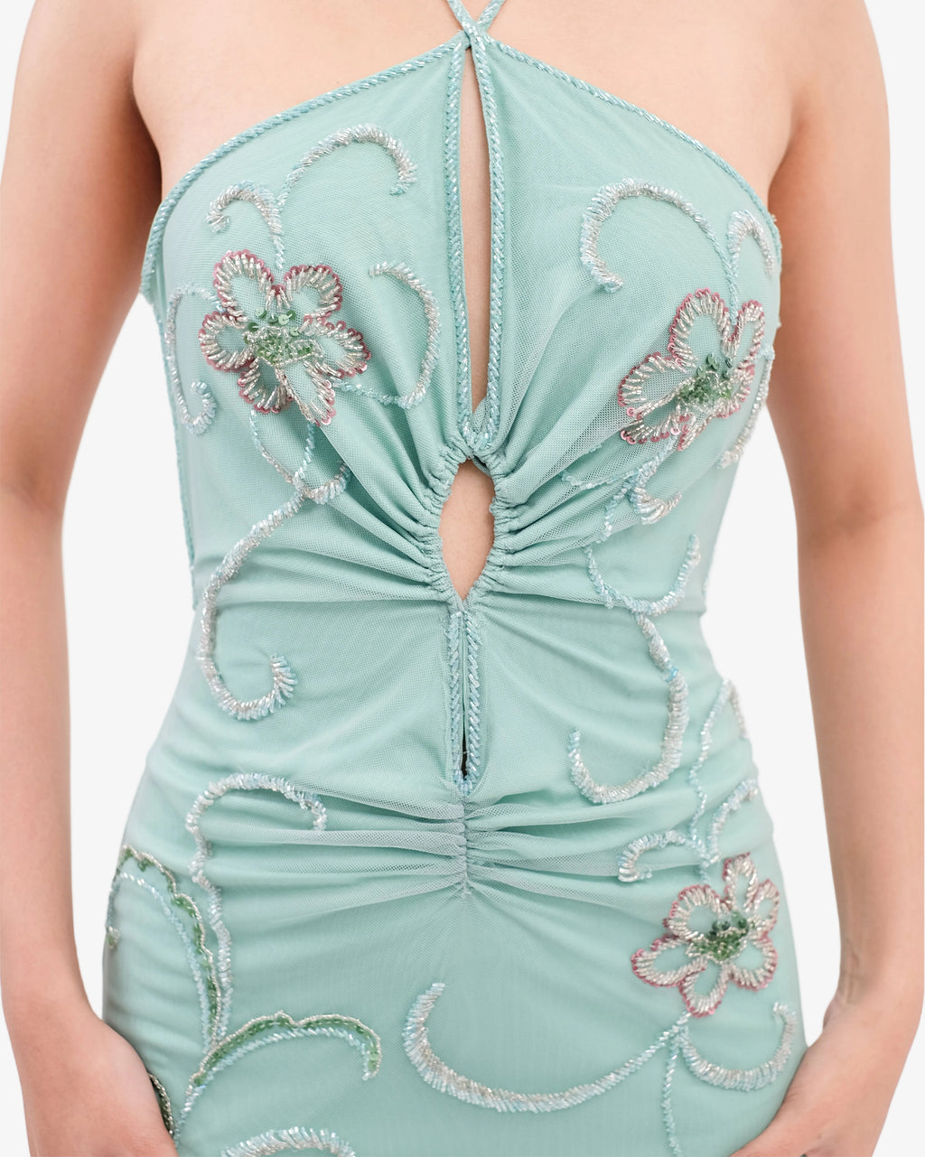 Clover Ruched Halter Beaded Maxi Dress – Water Green