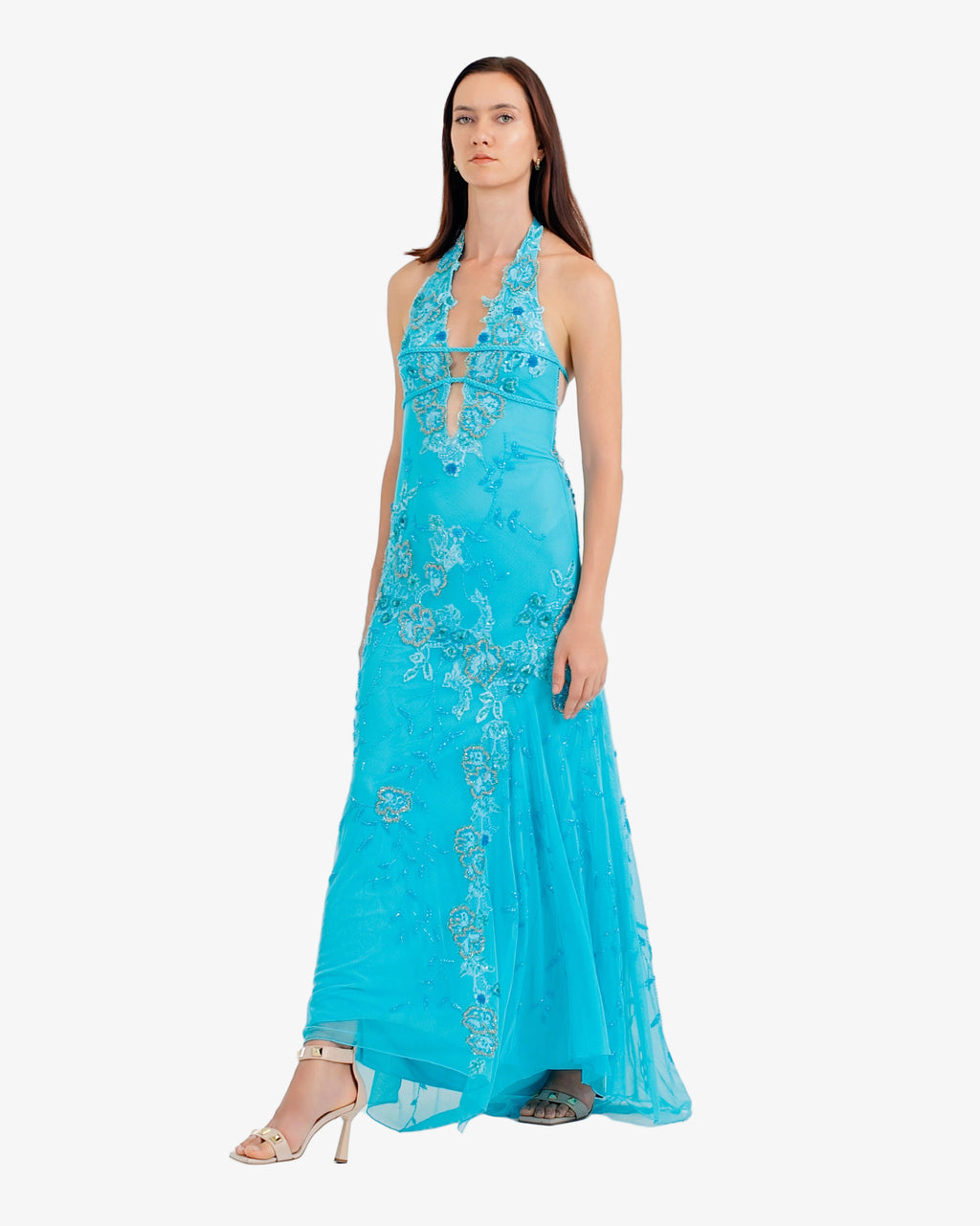 Peony Floral Beaded Halter Maxi Dress – Baby Turquoise