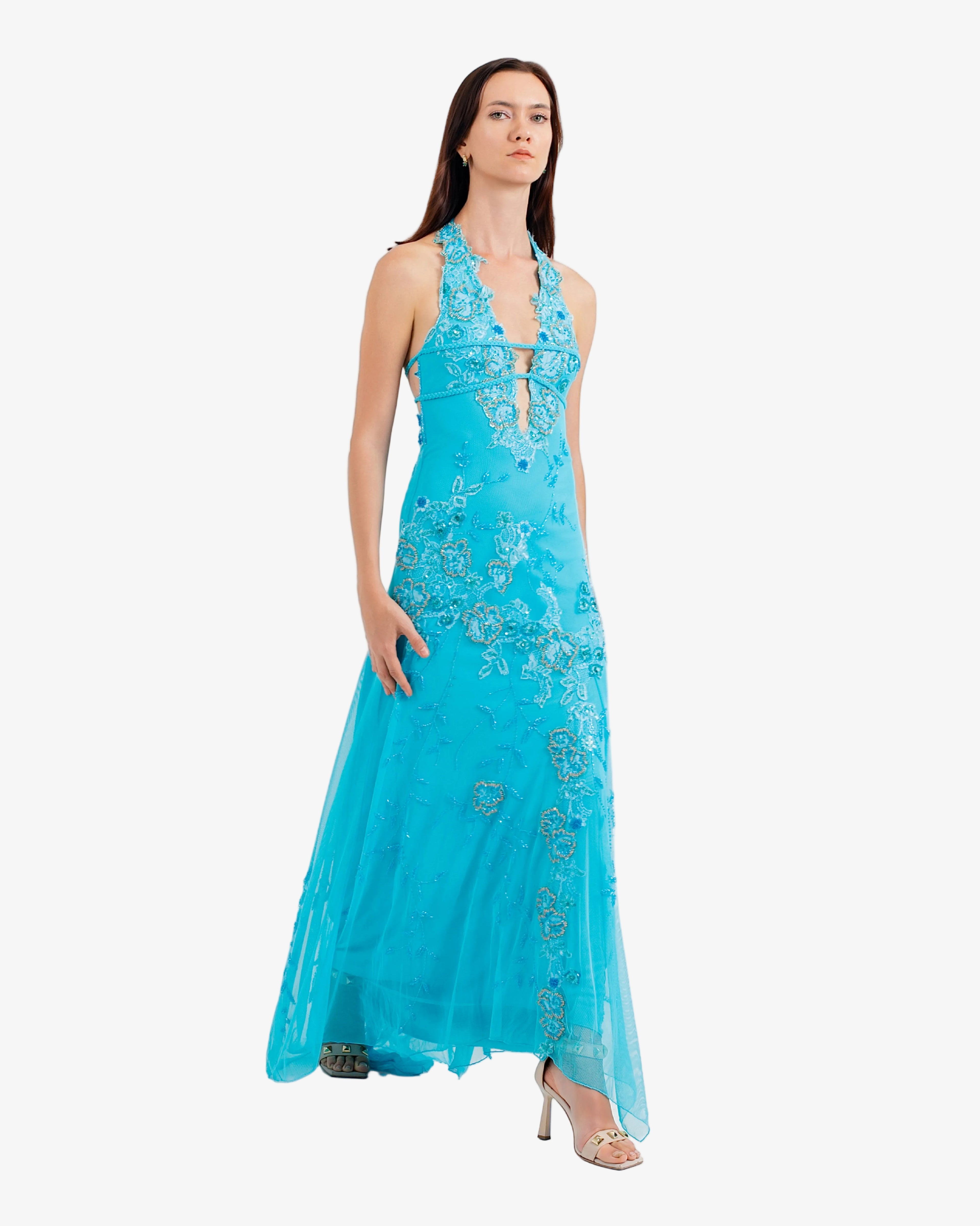 Peony Floral Beaded Halter Maxi Dress – Baby Turquoise