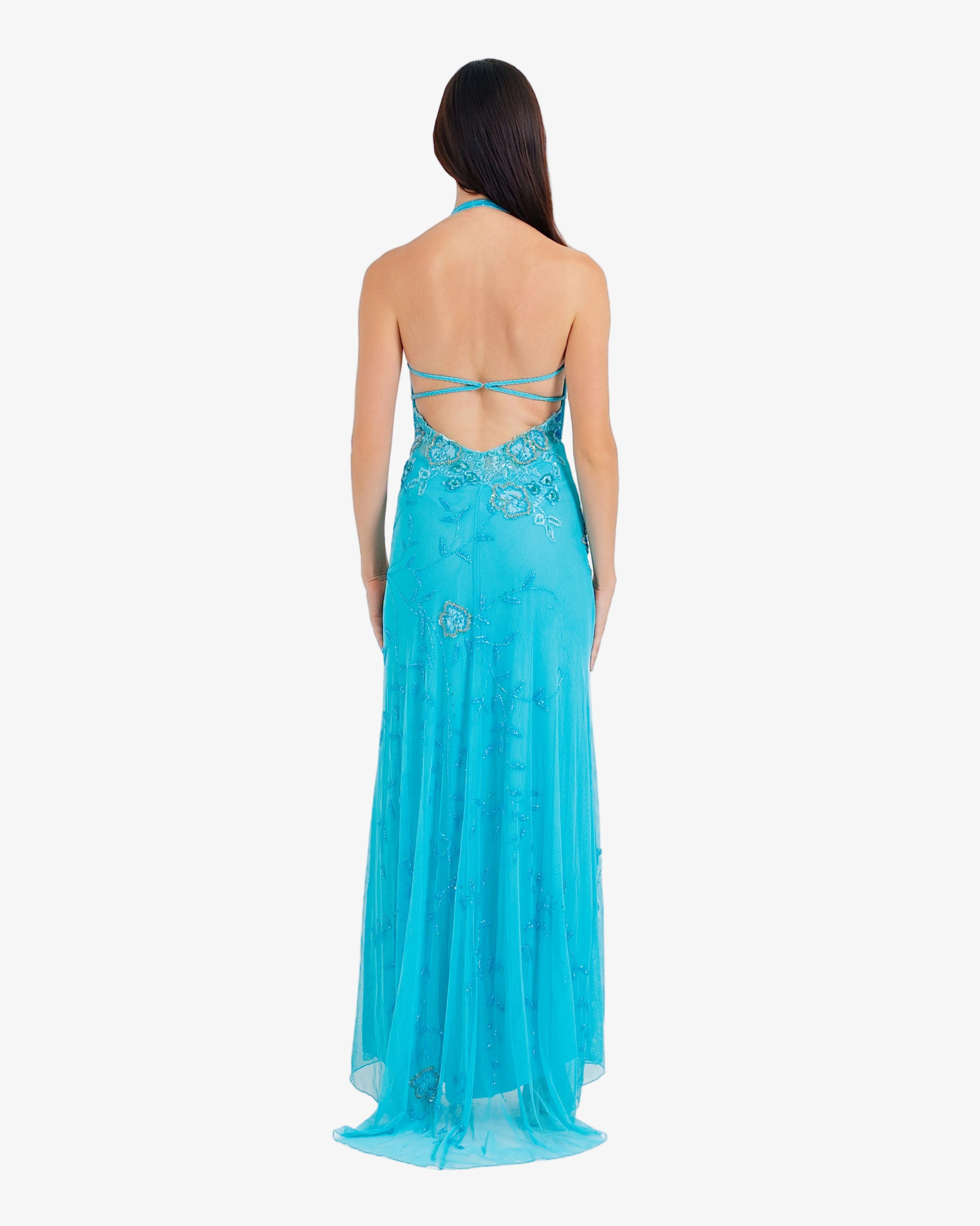 Peony Floral Beaded Halter Maxi Dress – Baby Turquoise