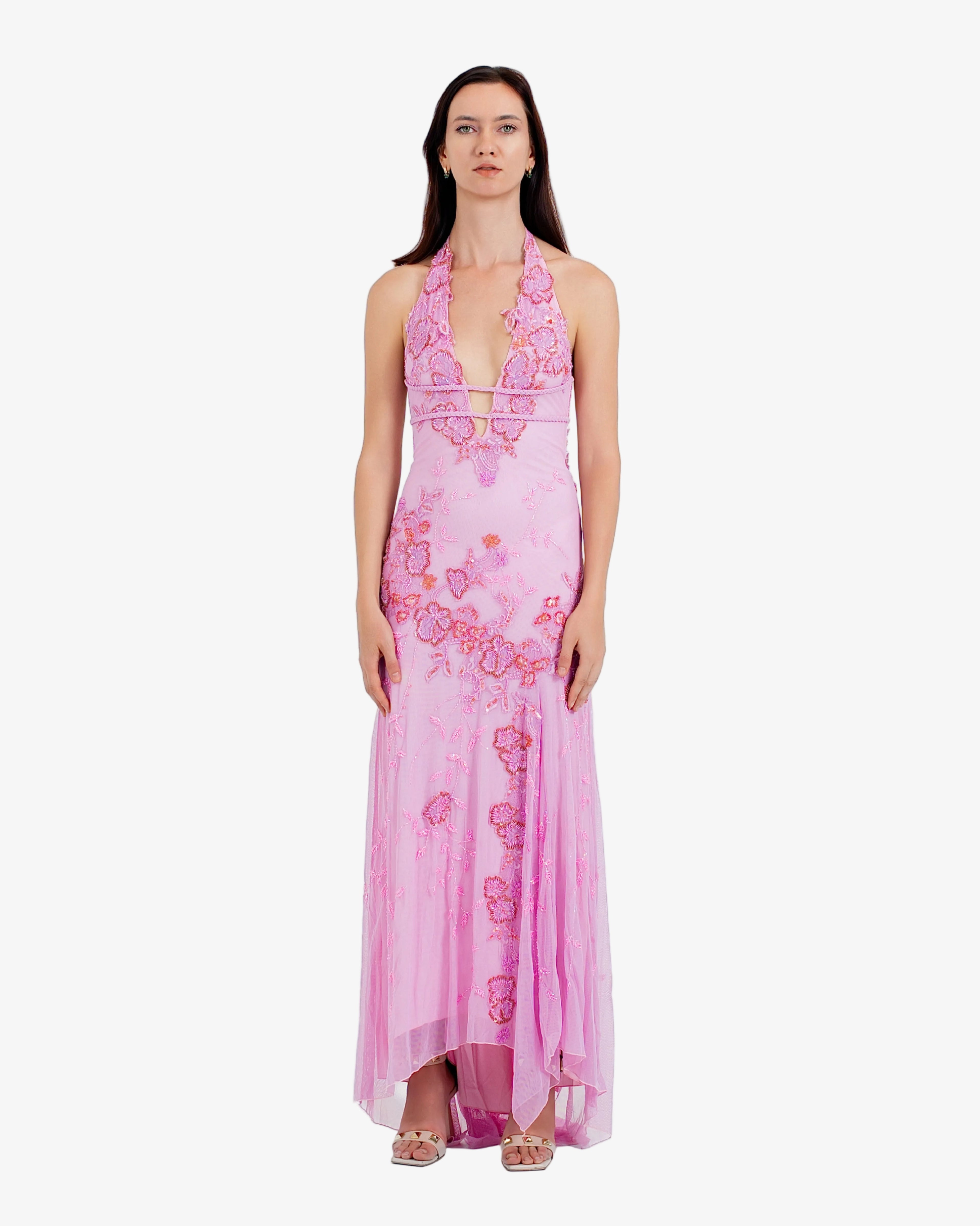 Peony Floral Beaded Halter Maxi Dress – Candy