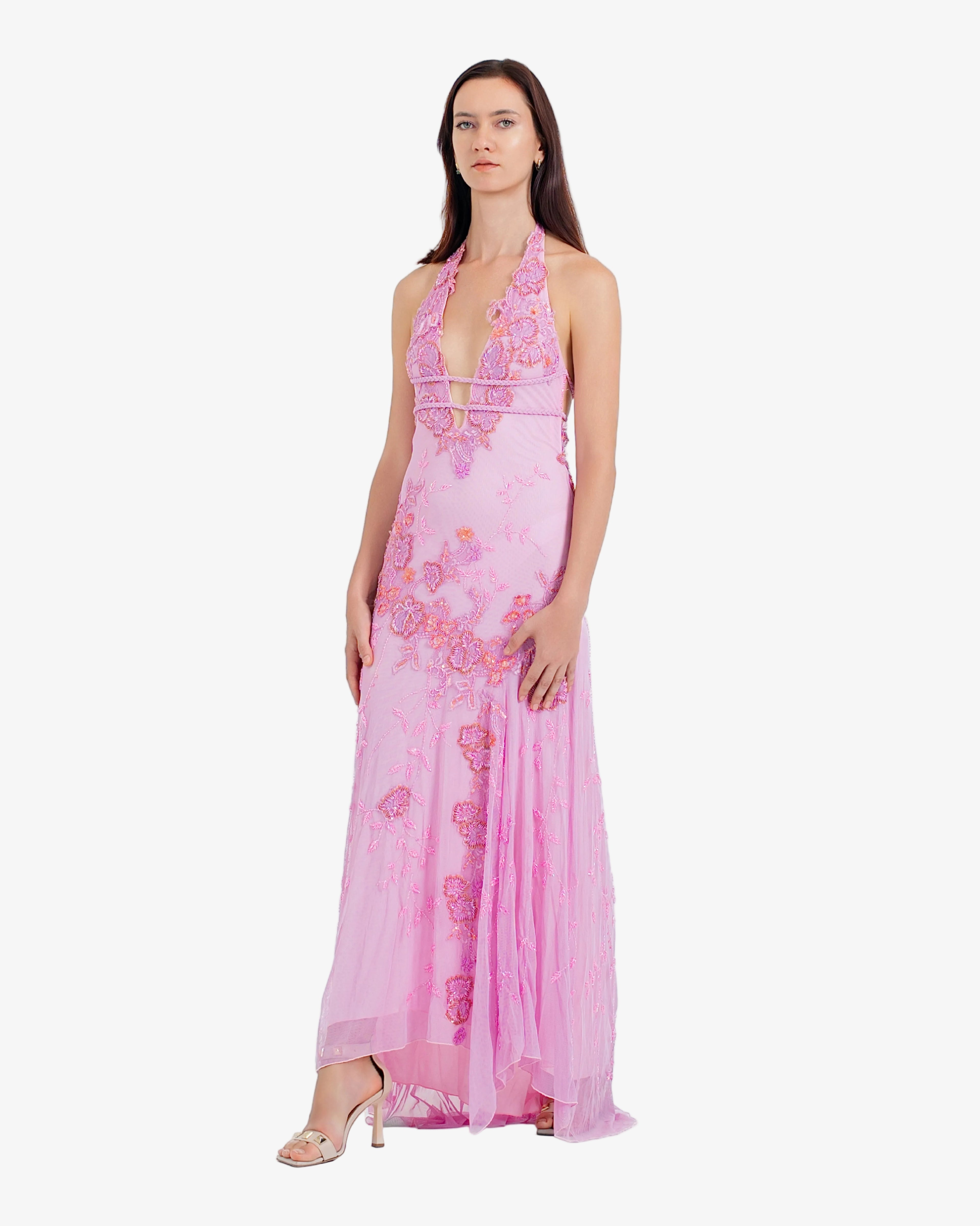 Peony Floral Beaded Halter Maxi Dress – Candy