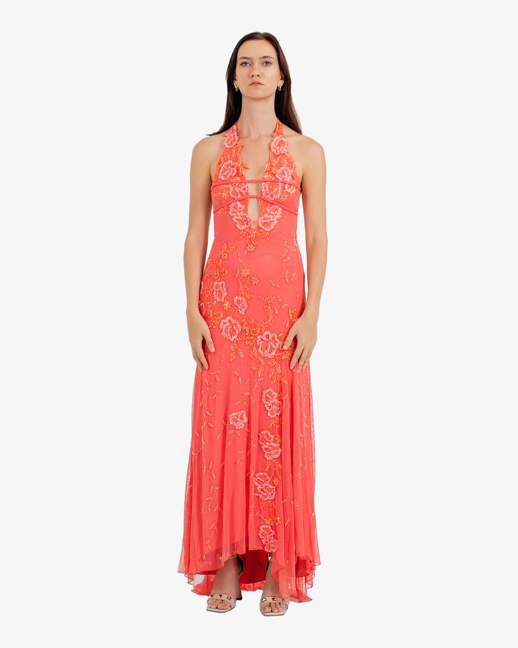 Peony Floral Beaded Halter Maxi Dress – Coral
