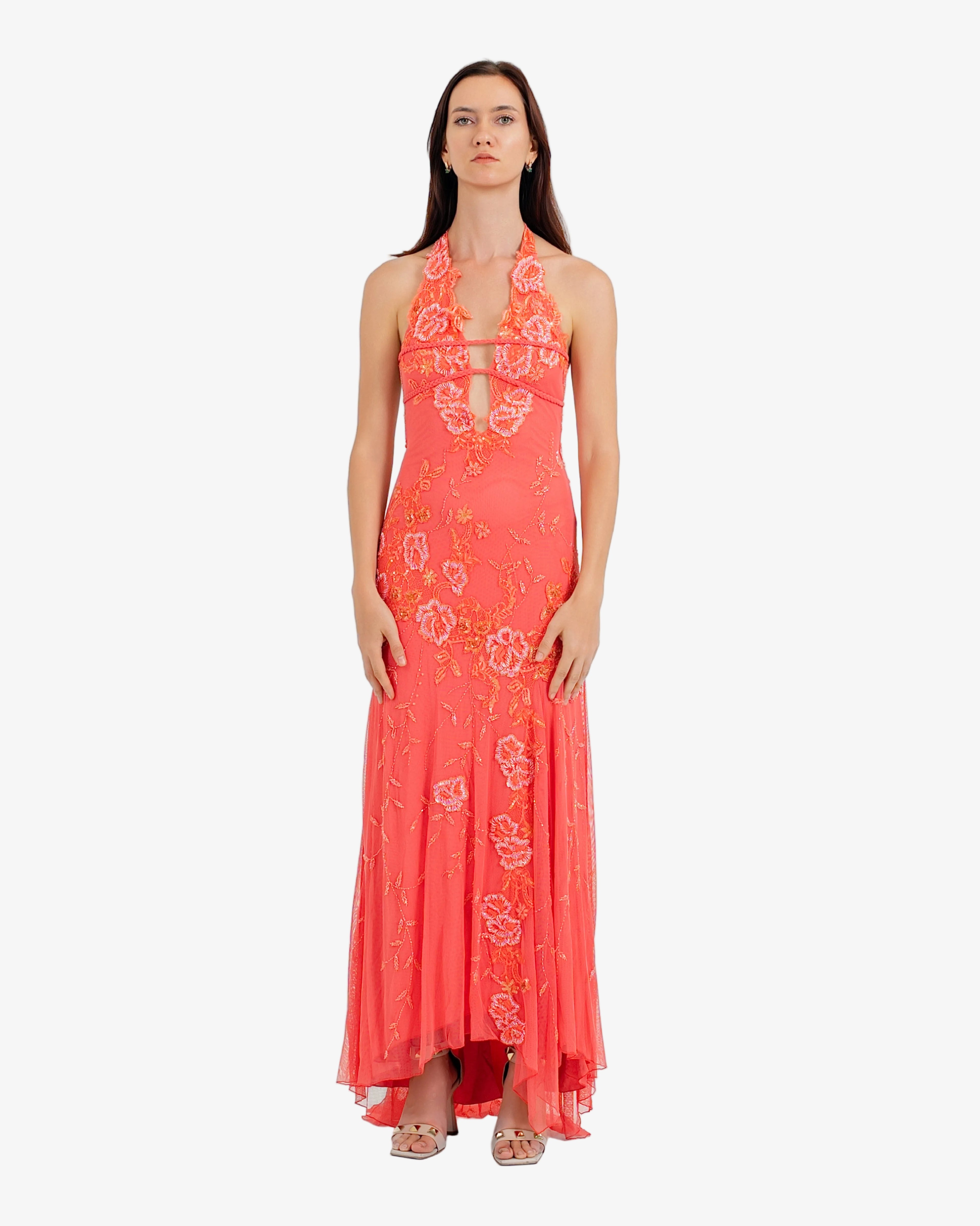 Peony Floral Beaded Halter Maxi Dress – Coral