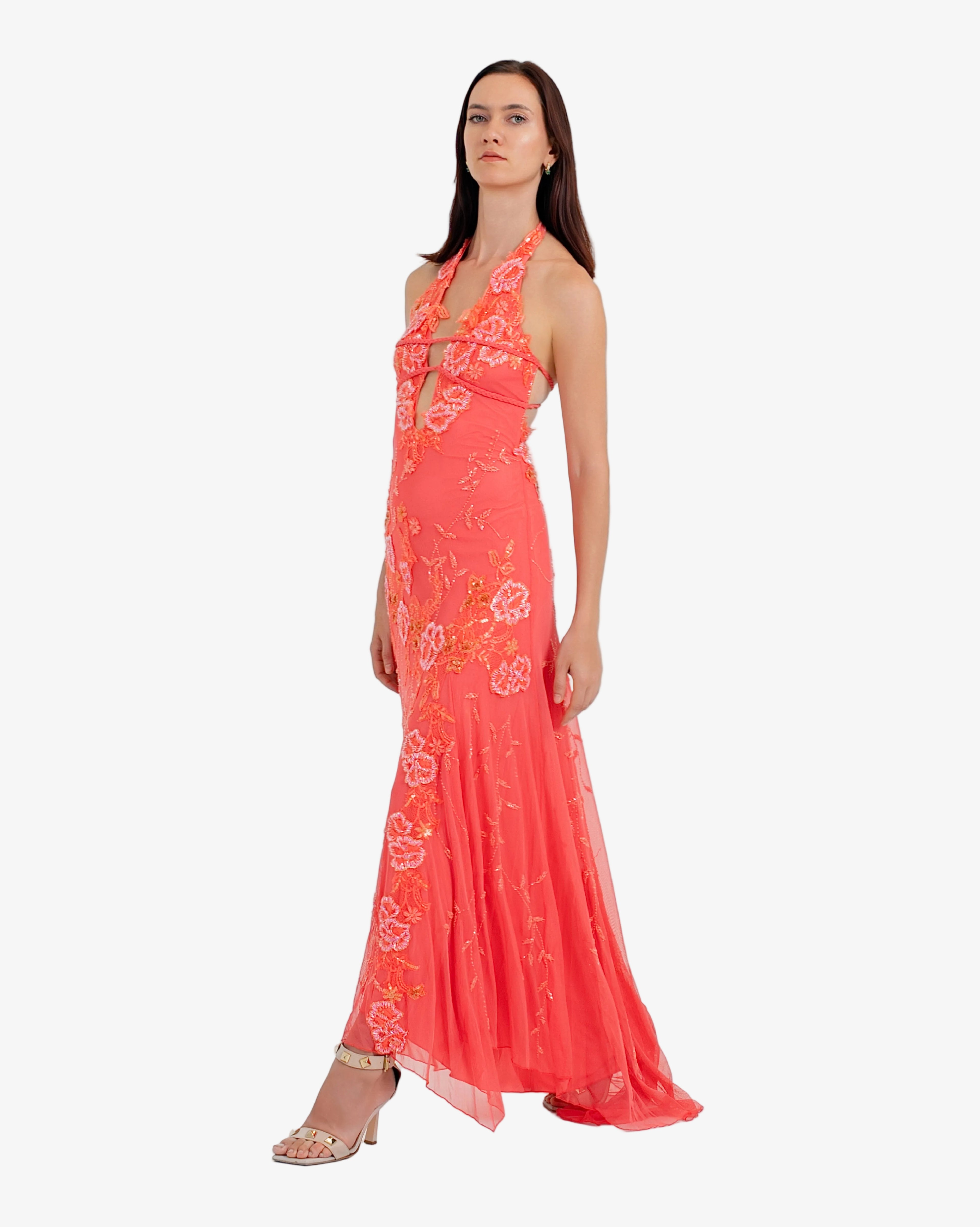 Peony Floral Beaded Halter Maxi Dress – Coral