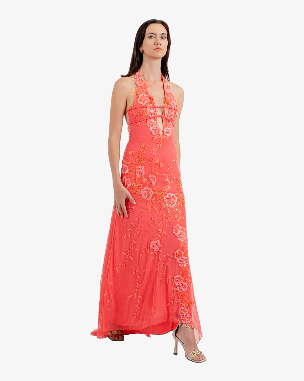 Peony Floral Beaded Halter Maxi Dress – Coral