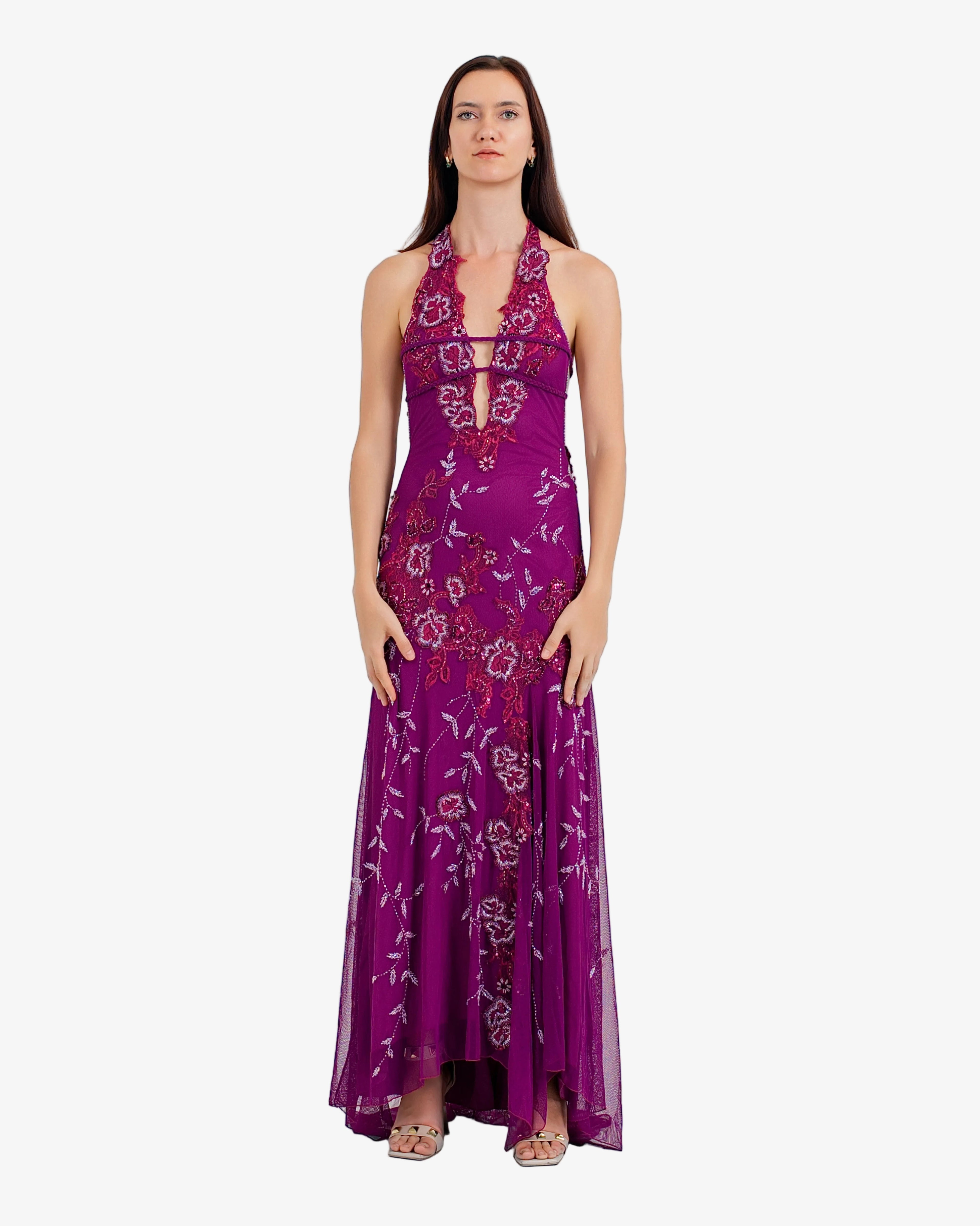Peony Floral Beaded Halter Maxi Dress – Magenta