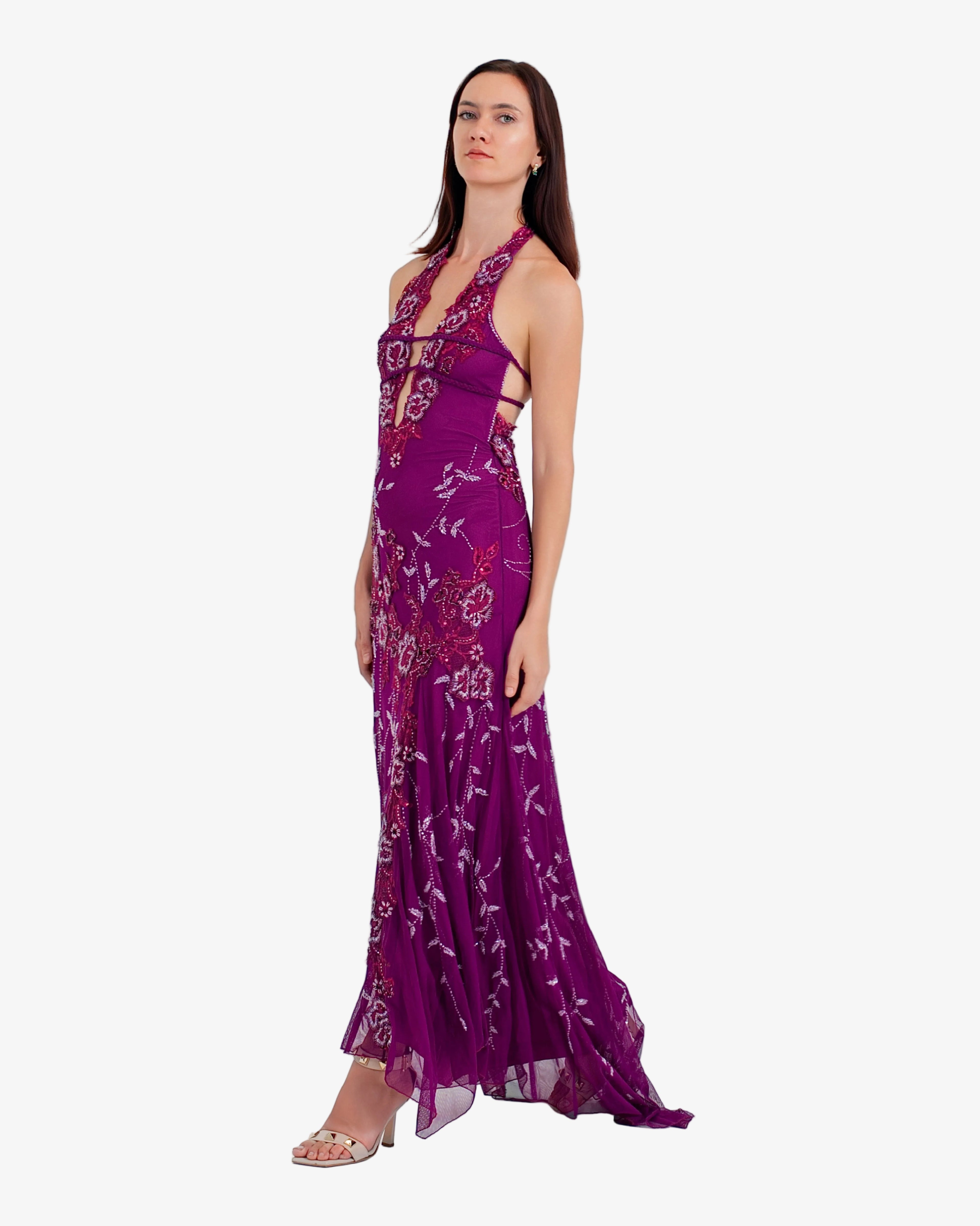 Peony Floral Beaded Halter Maxi Dress – Magenta