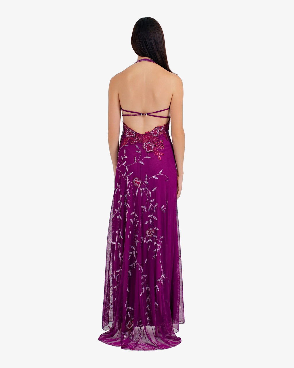 Peony Floral Beaded Halter Maxi Dress – Magenta