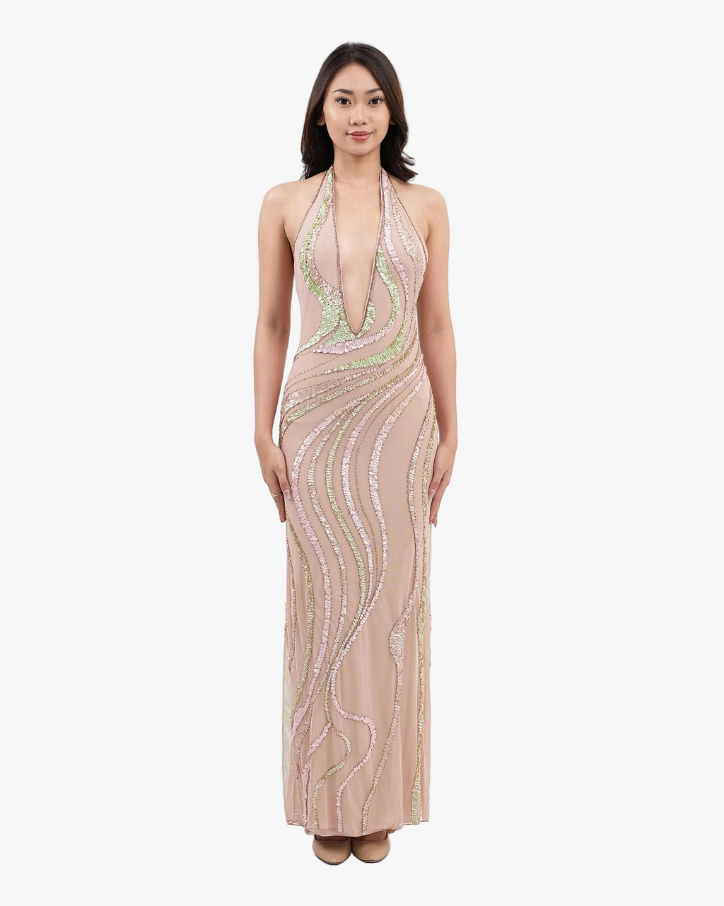 Aurora Wave Sequin Halter Maxi Dress