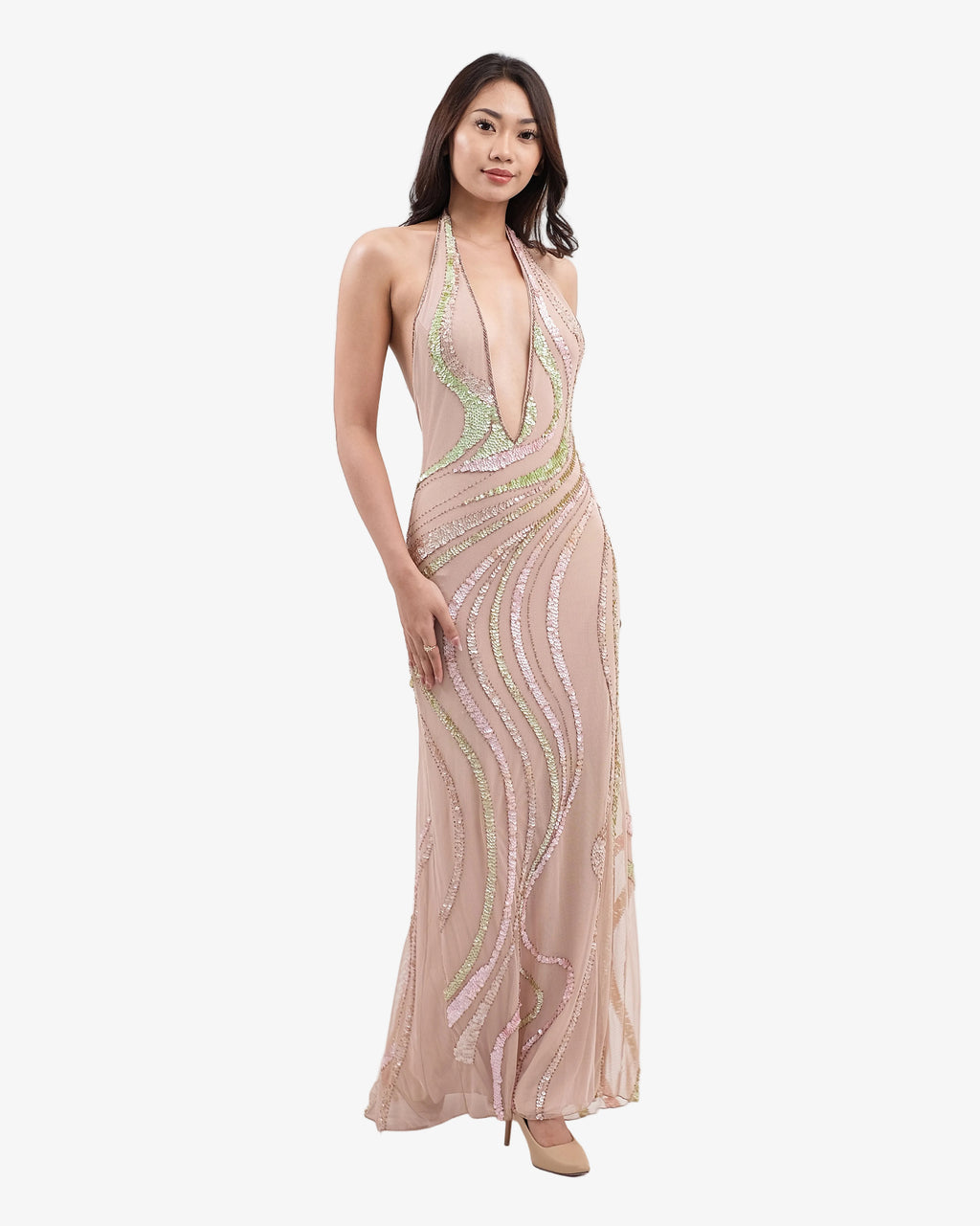 Aurora Wave Sequin Halter Maxi Dress