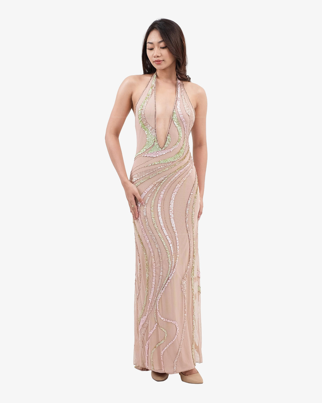 Aurora Wave Sequin Halter Maxi Dress