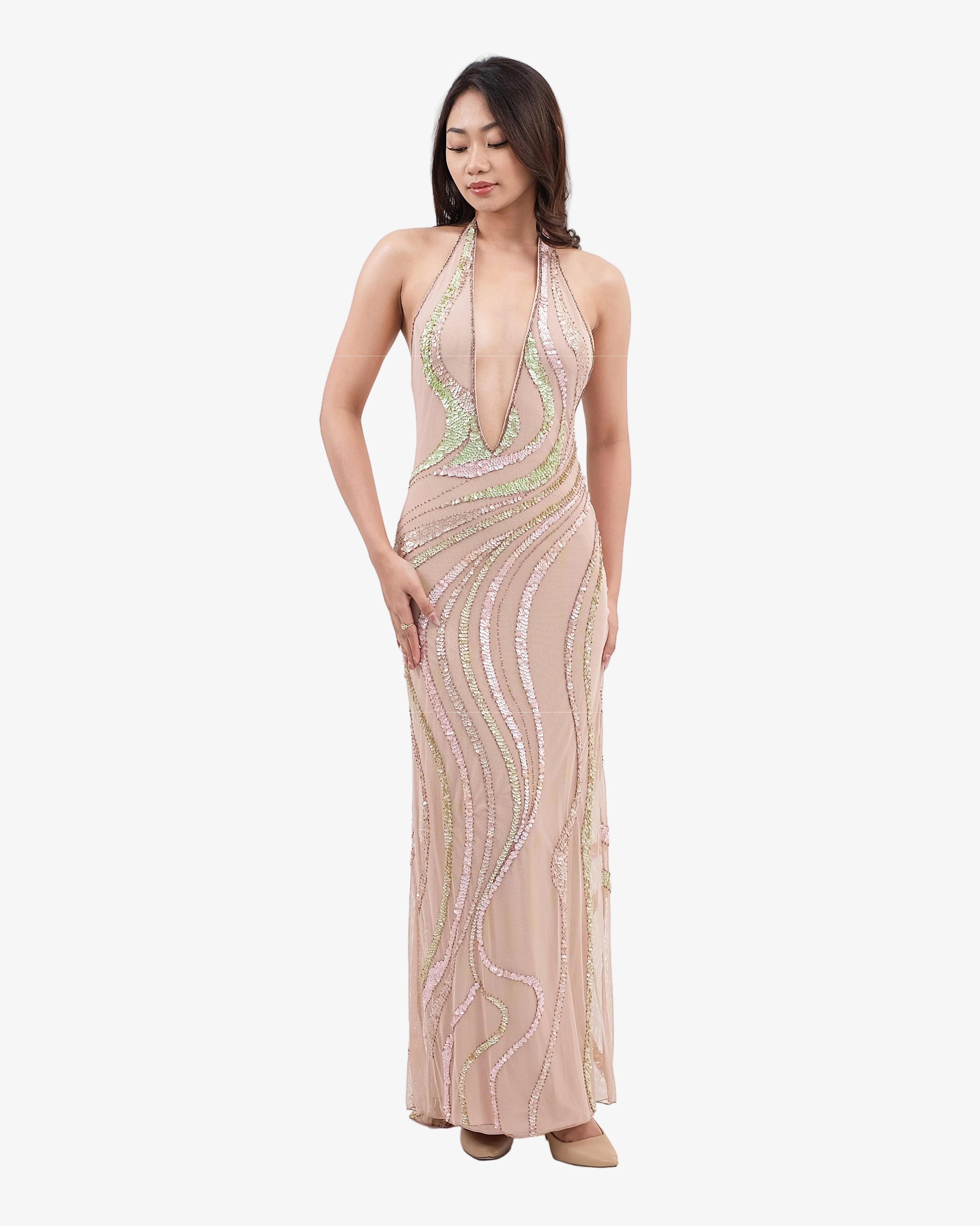 Aurora Wave Sequin Halter Maxi Dress
