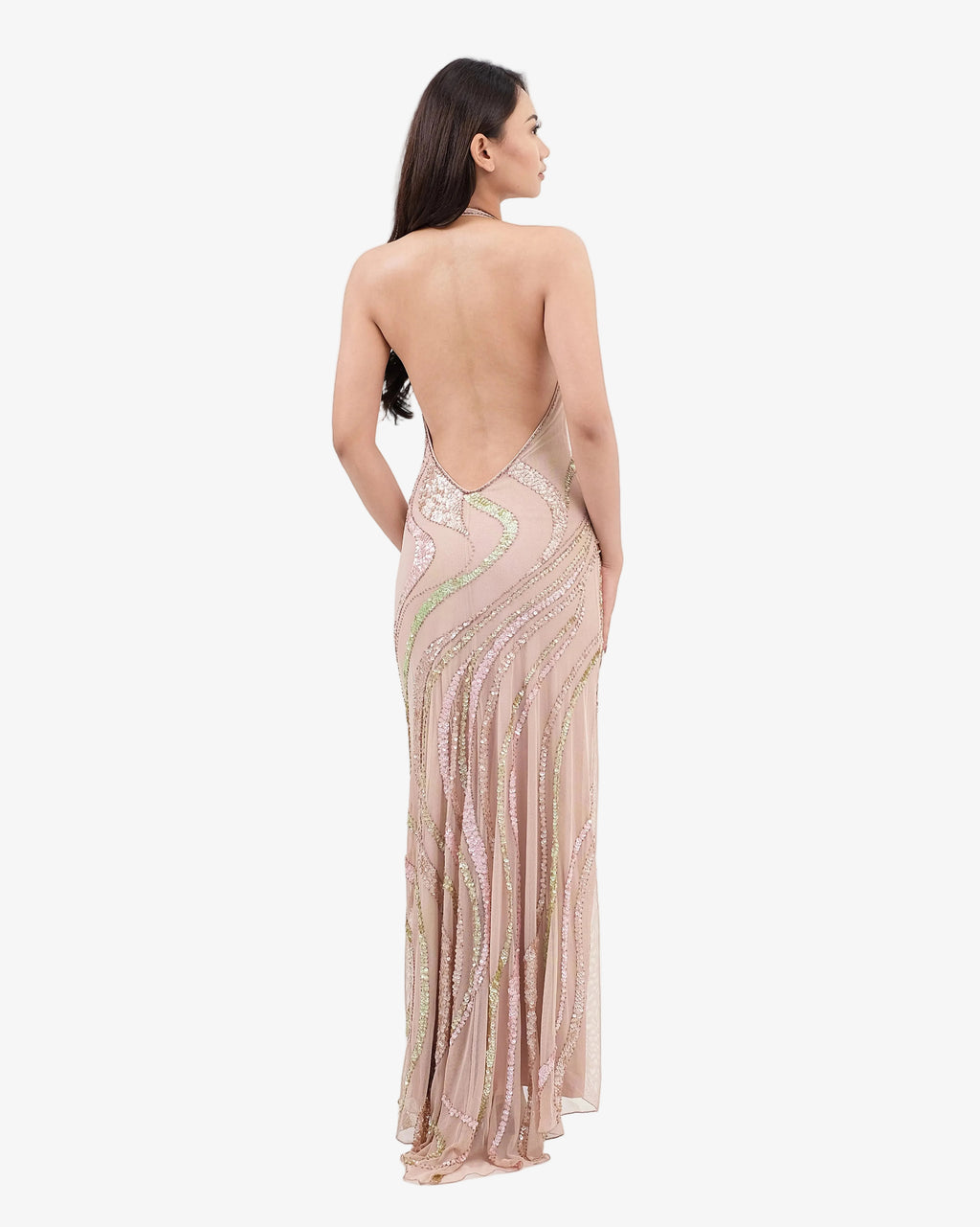 Aurora Wave Sequin Halter Maxi Dress