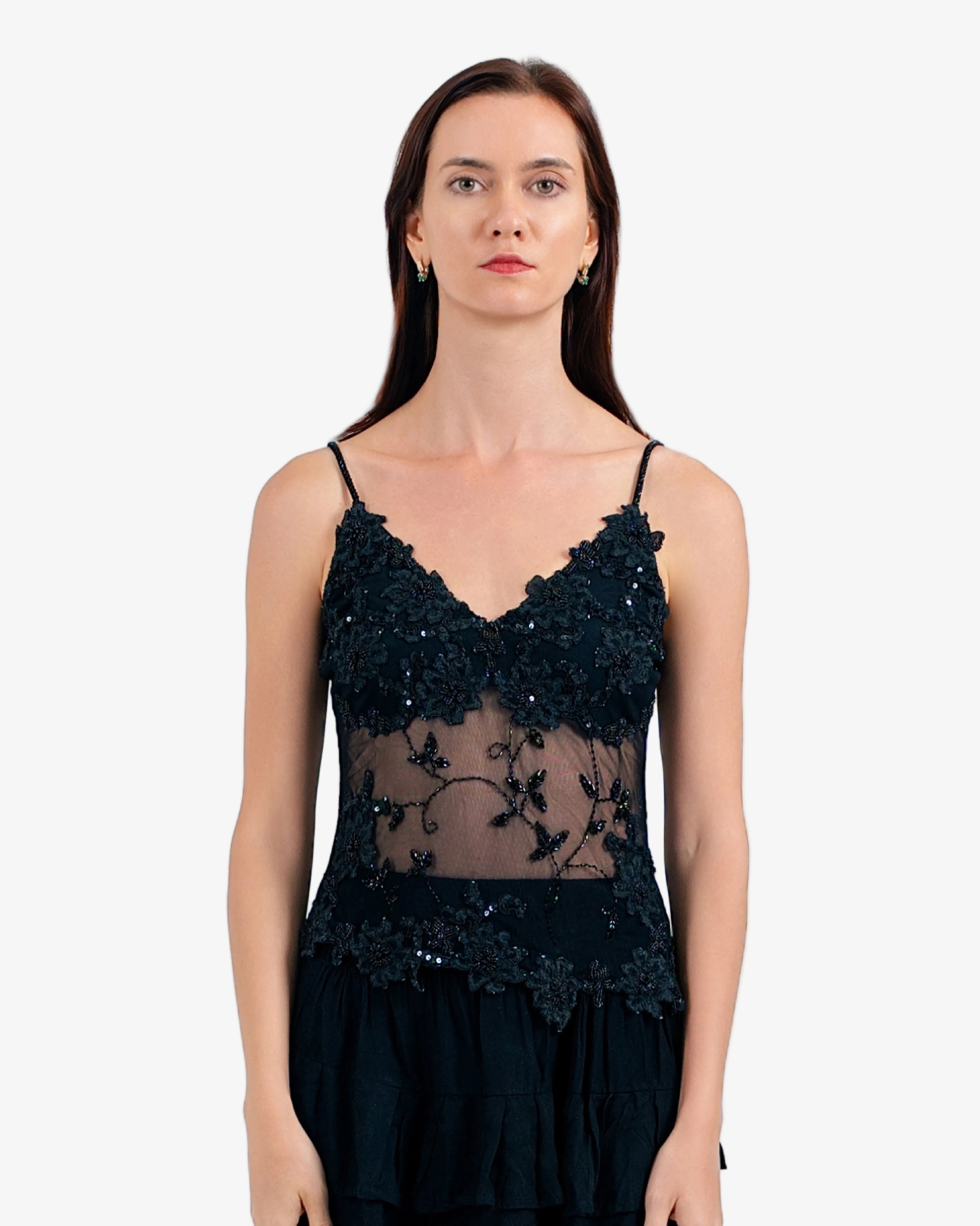 Bloom Floral Lace Mesh Top – Black
