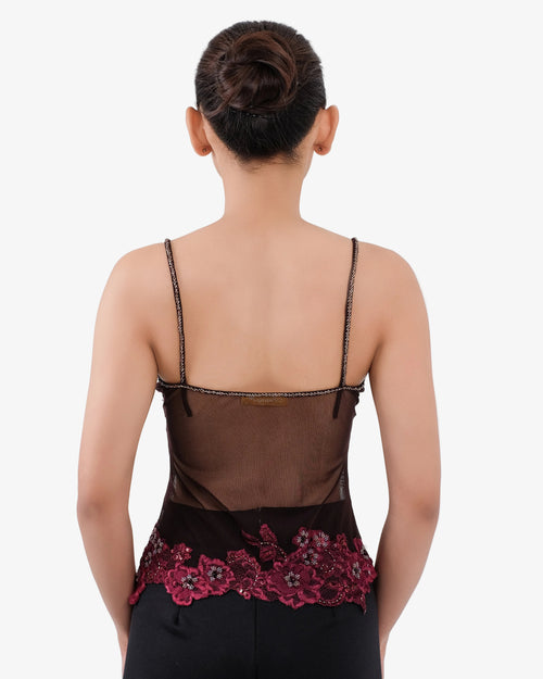 Bloom Floral Lace Mesh Top – Brown Aubergine