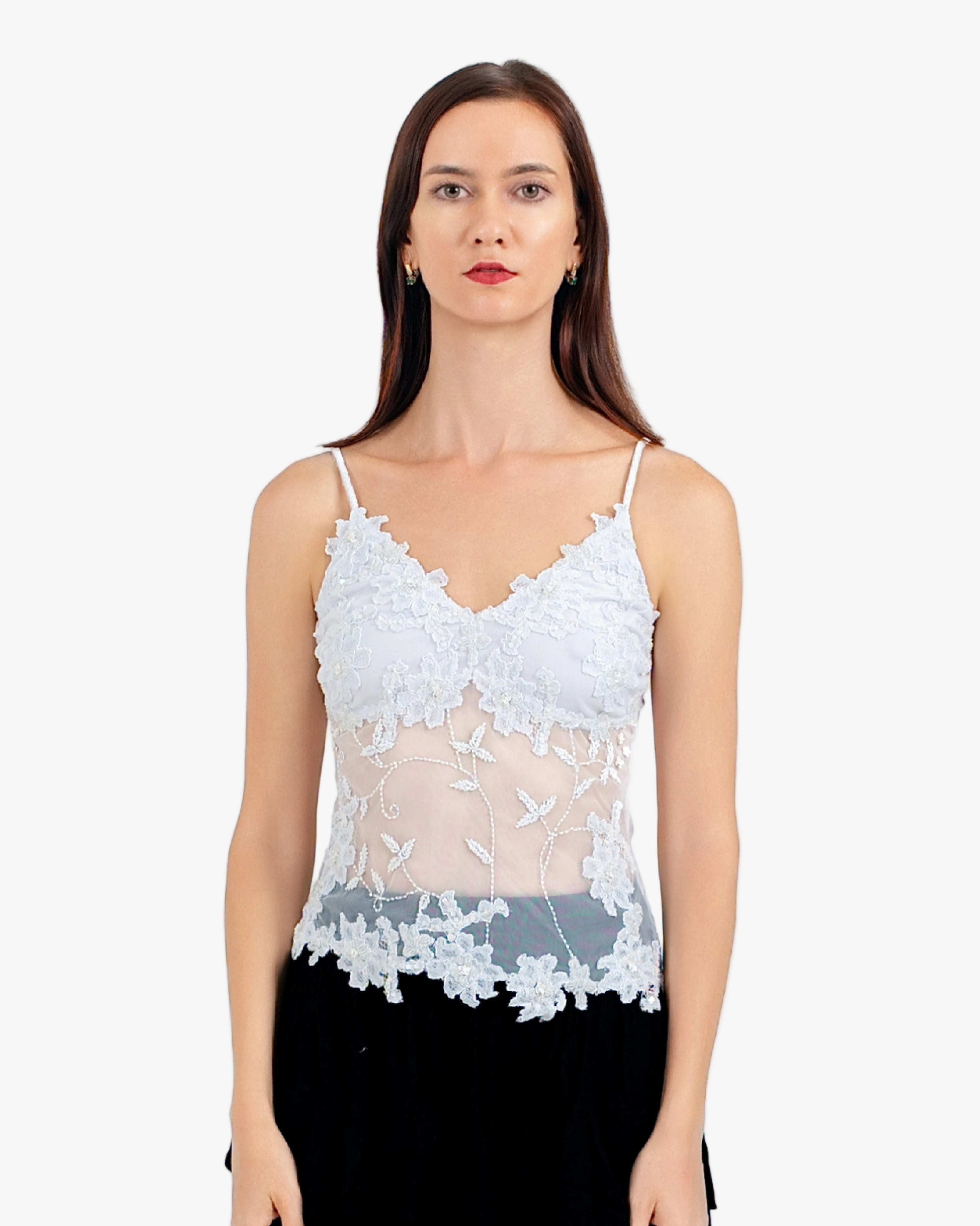 Bloom Floral Lace Mesh Top – White