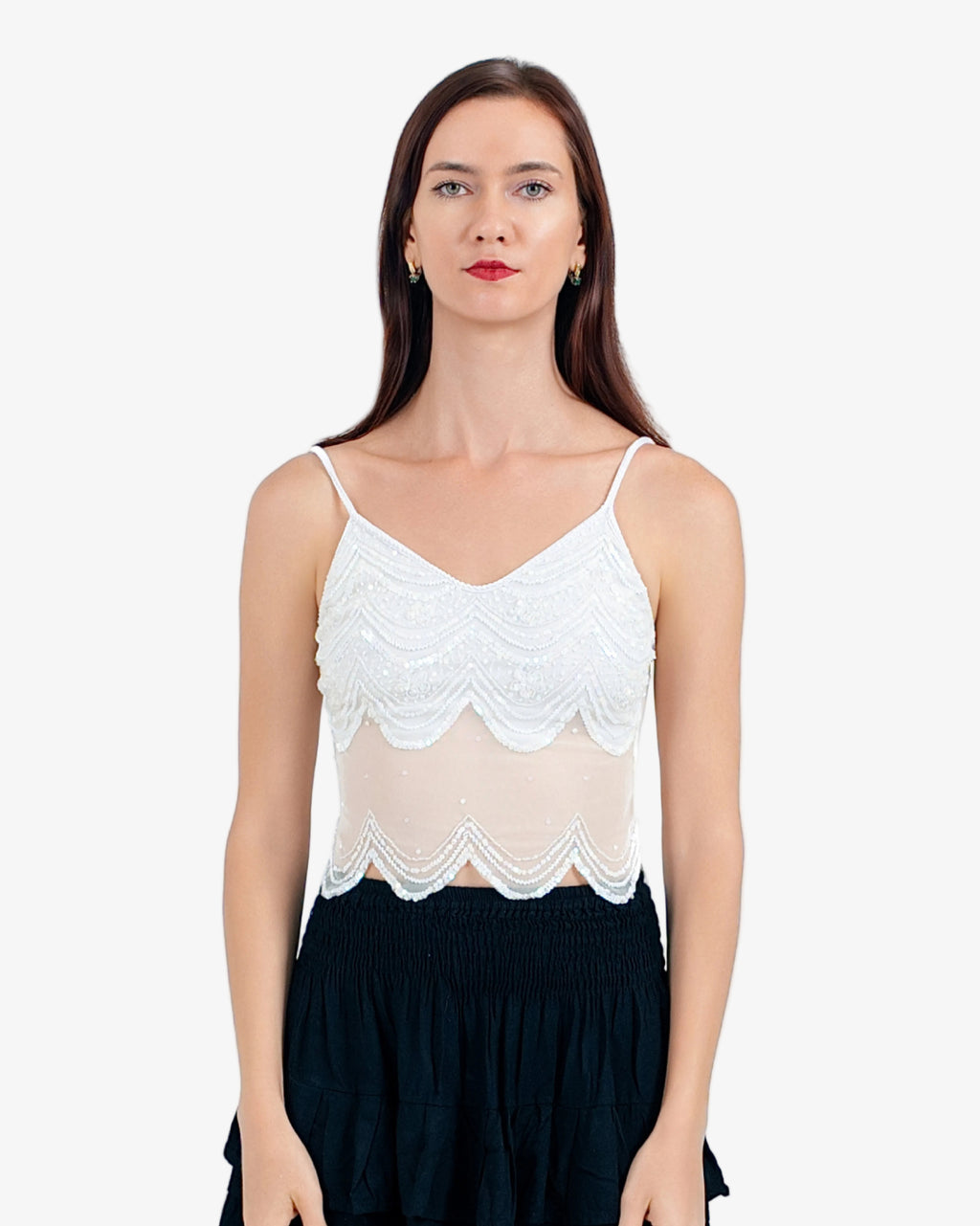 Coral Wave Sequin Mesh Top – Cream