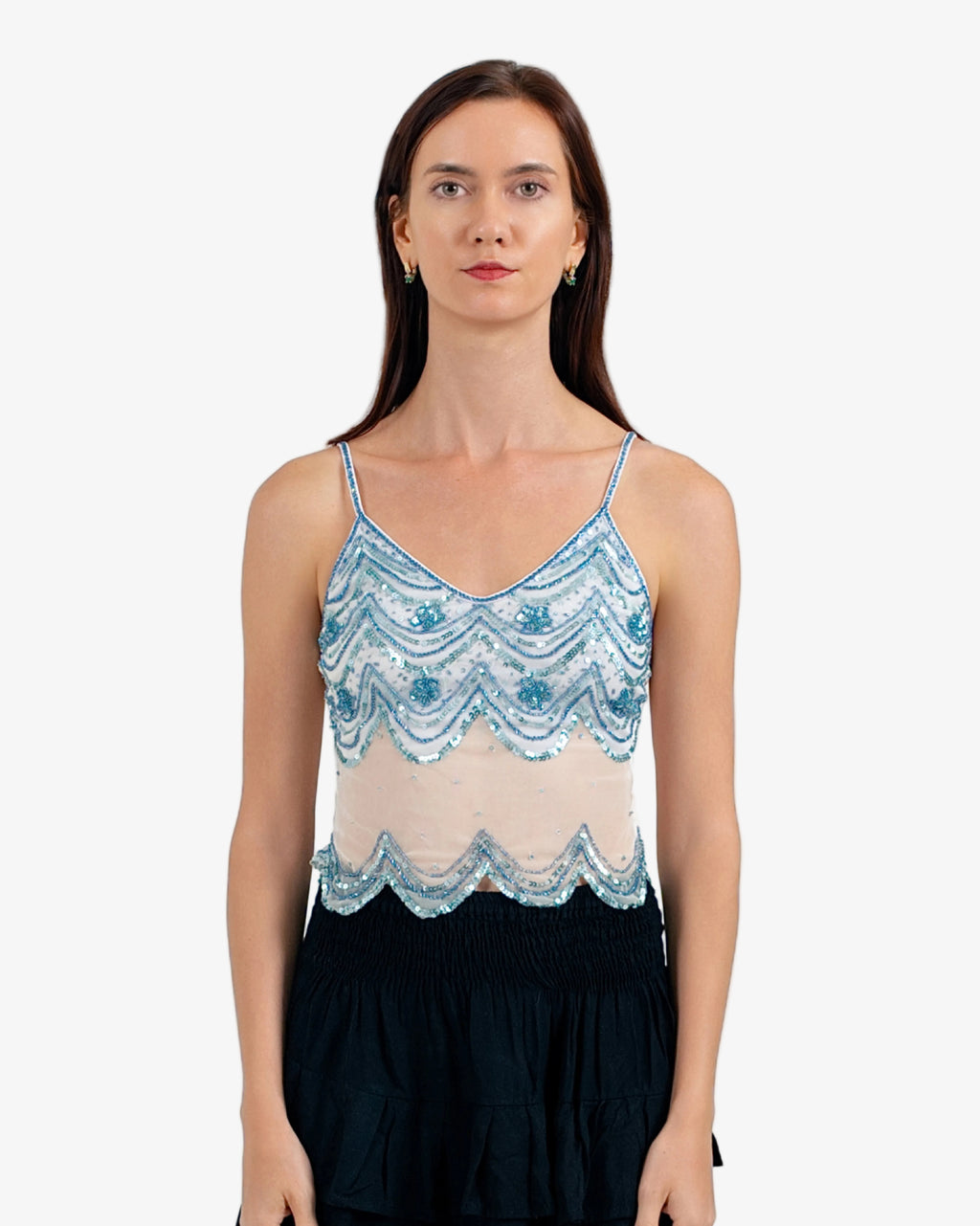 Coral Wave Sequin Mesh Top – Cream Denim