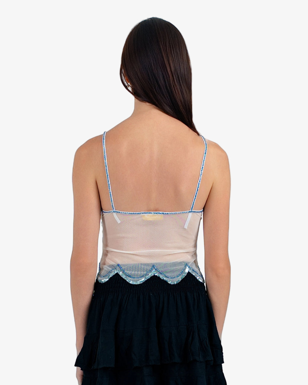 Coral Wave Sequin Mesh Top – Cream Denim