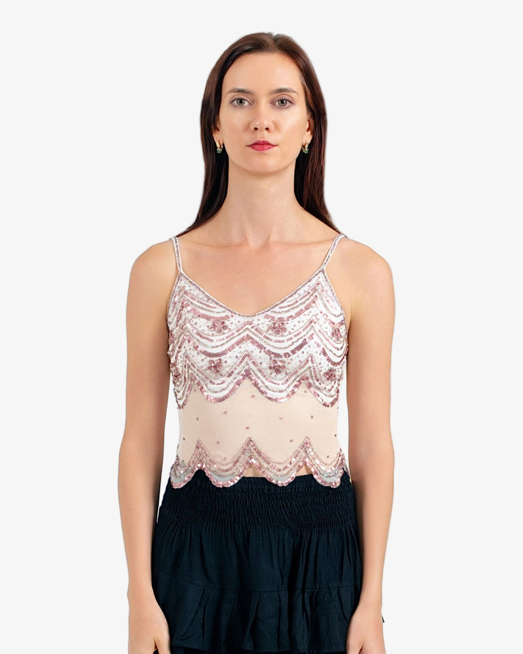 Coral Wave Sequin Mesh Top – Cream Denim
