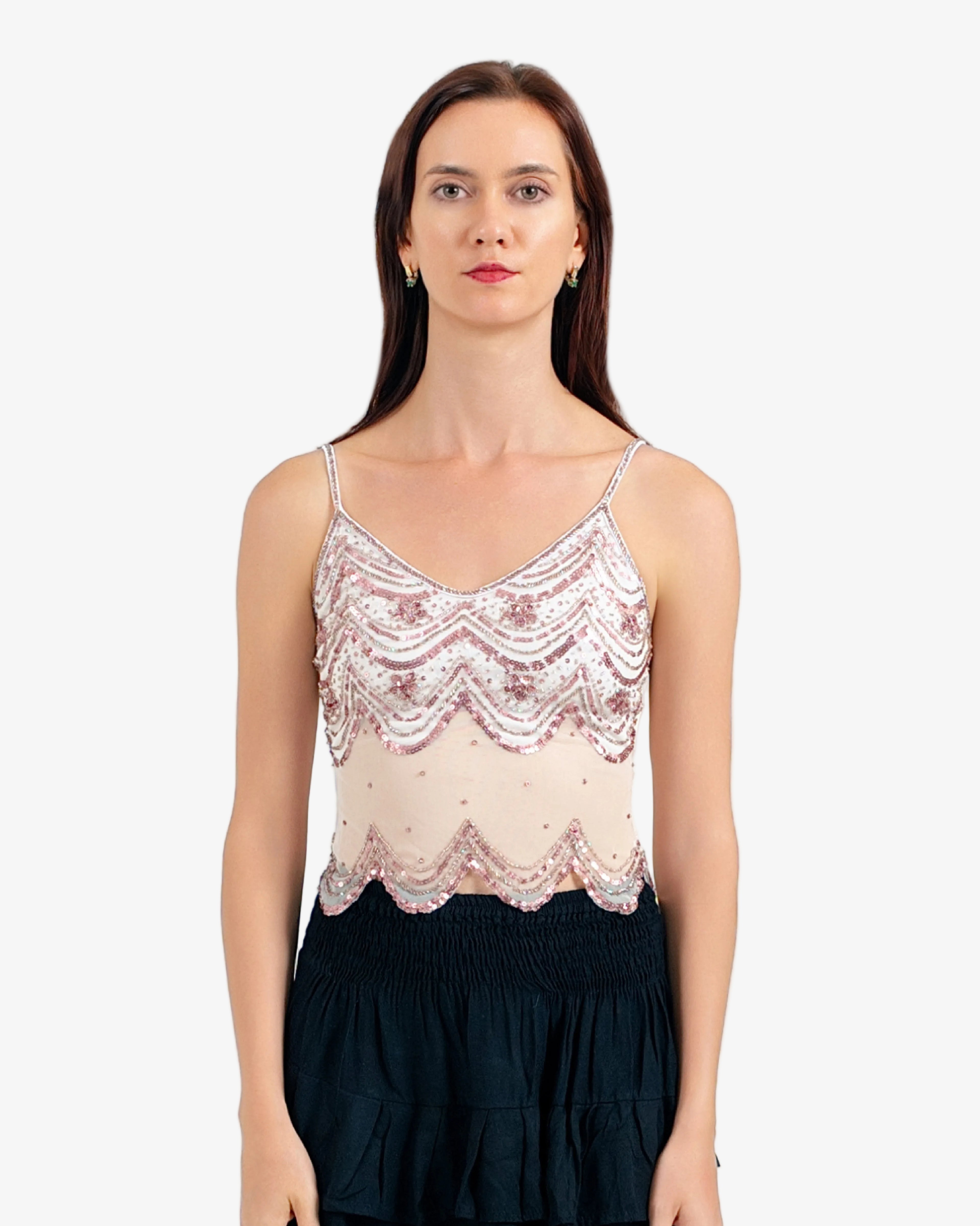 Coral Wave Sequin Mesh Top – Cream Denim