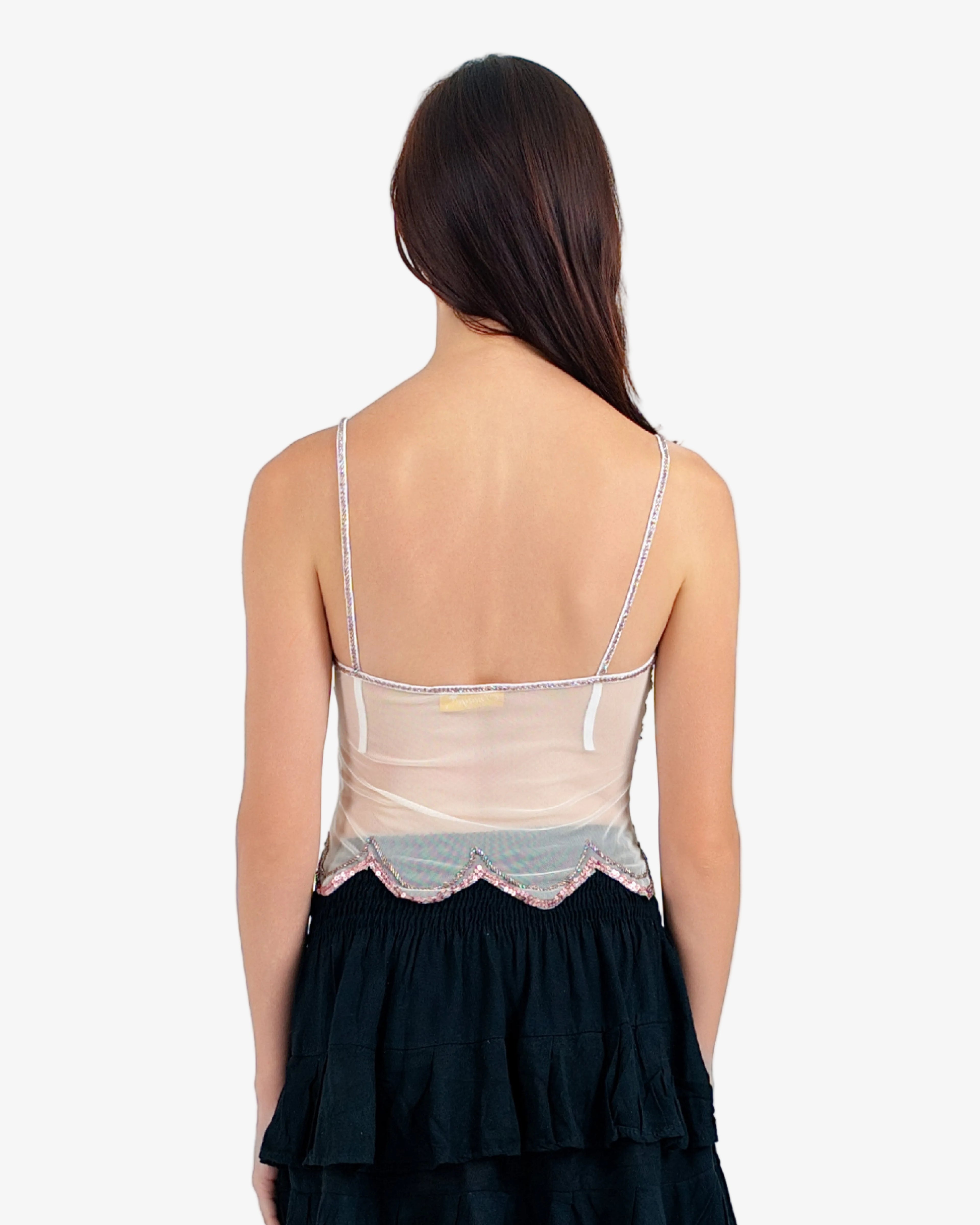 Coral Wave Sequin Mesh Top – Cream Denim